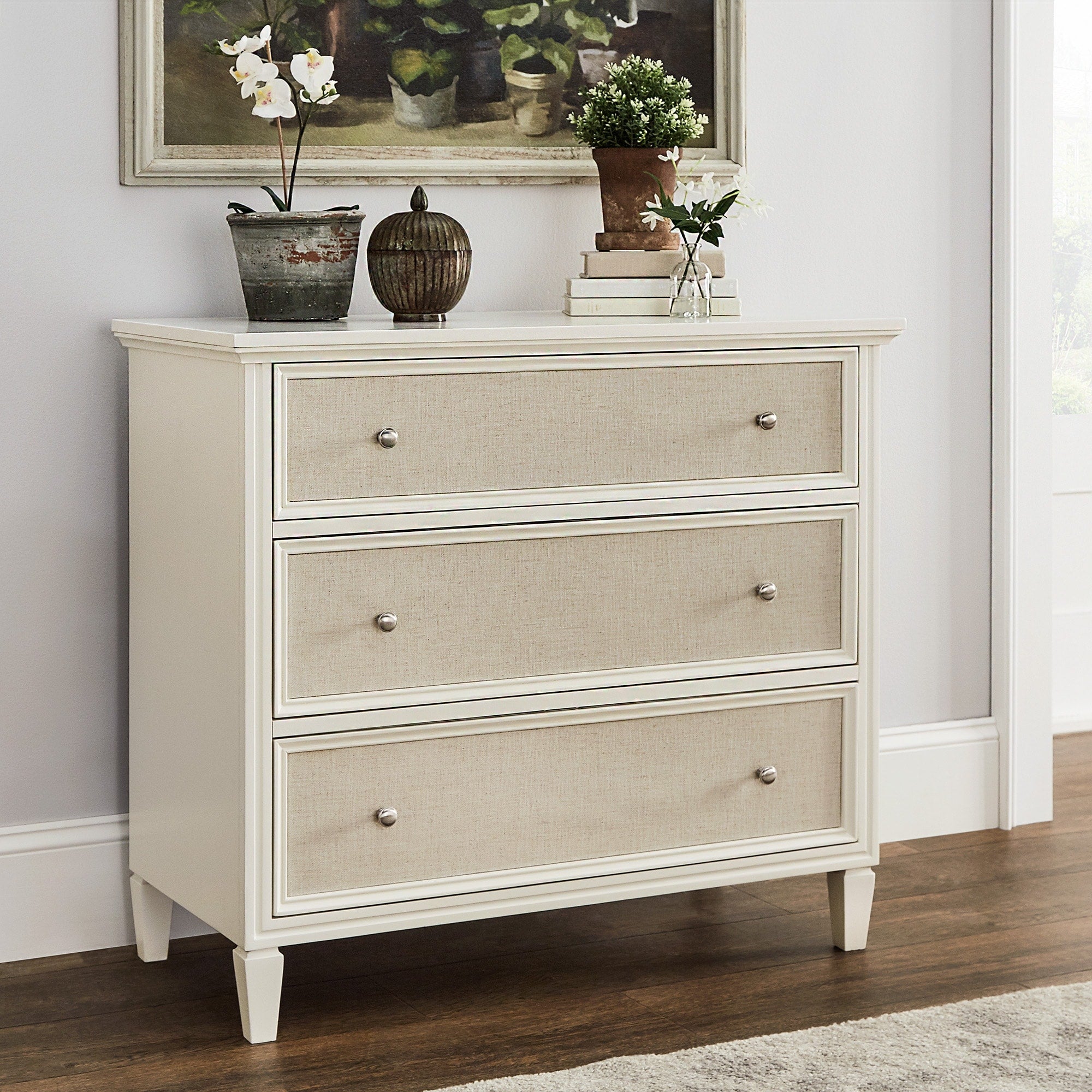 Copper Grove Bons White Finish Beige Linen Drawer Face Dresser