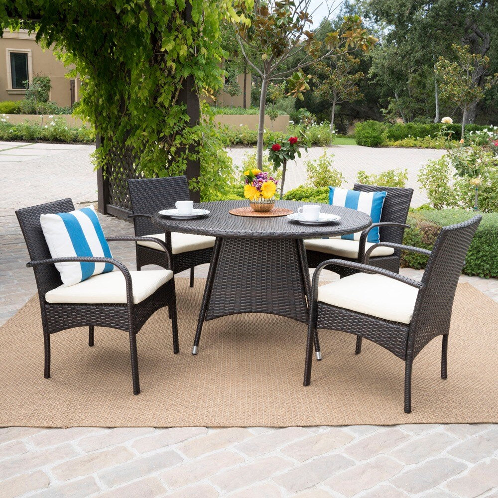 Theodore Outdoor 5 Piece Wicker Dining Set With Cushion By Christopher Knight Home