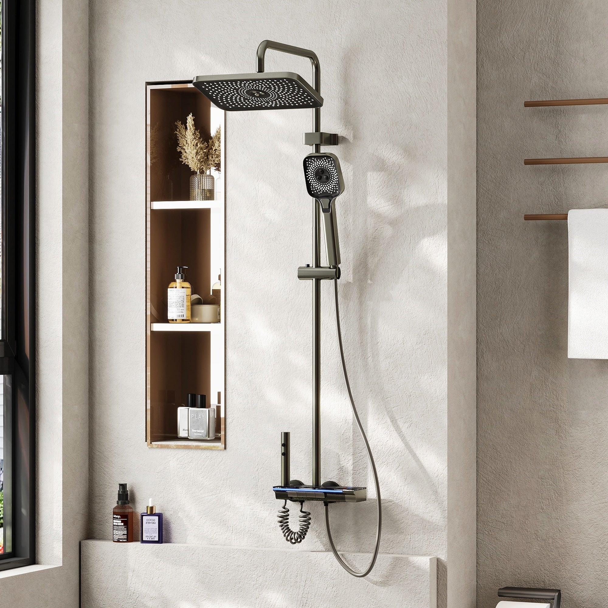 Thermostatic Shower System With Rainfall Shower Head Adjustable Height Wall Mounted Shower Set