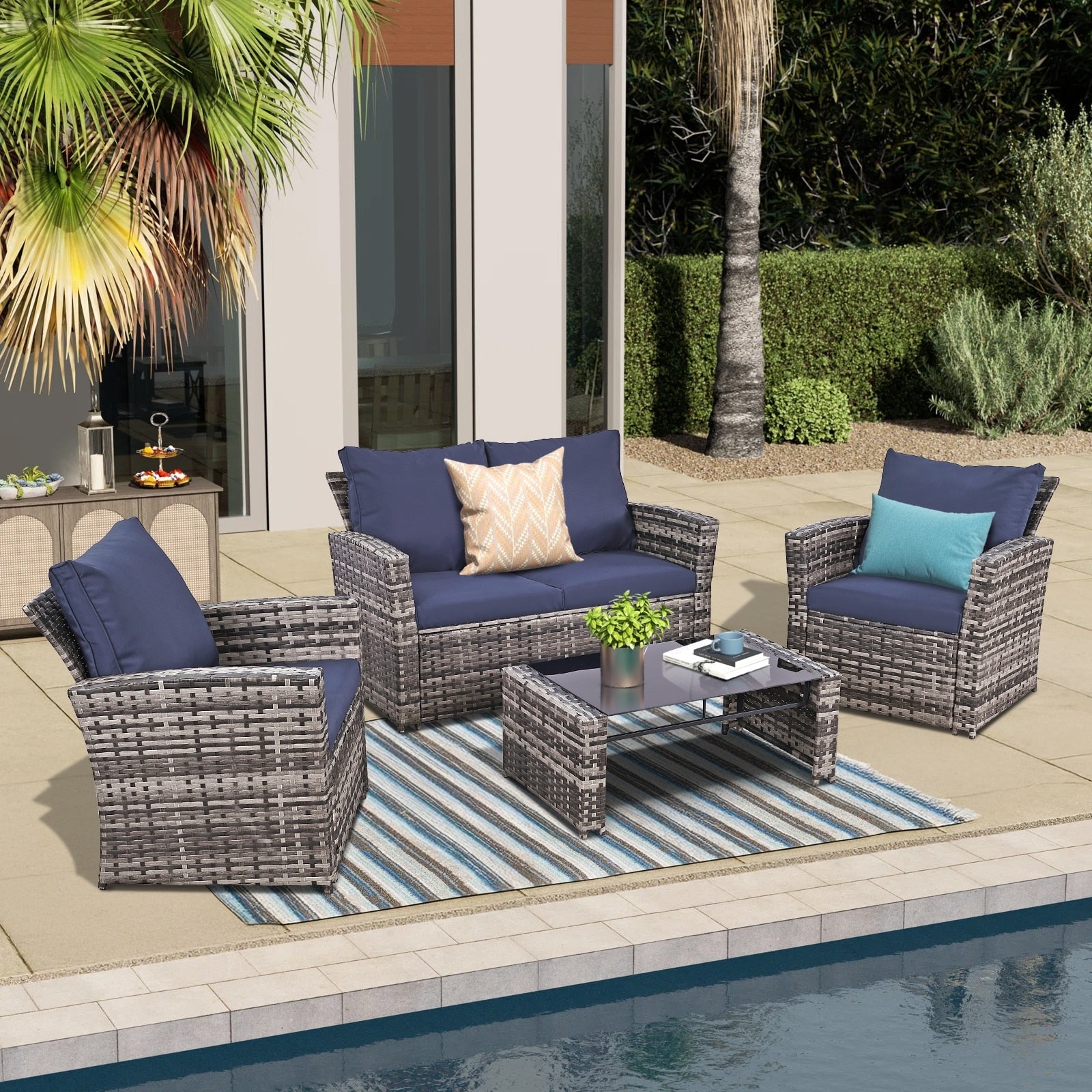 Thicker 4 Piece Wicker Outdoor Sofa Set 1 Loveseats 2 Single Sofas 1 Table