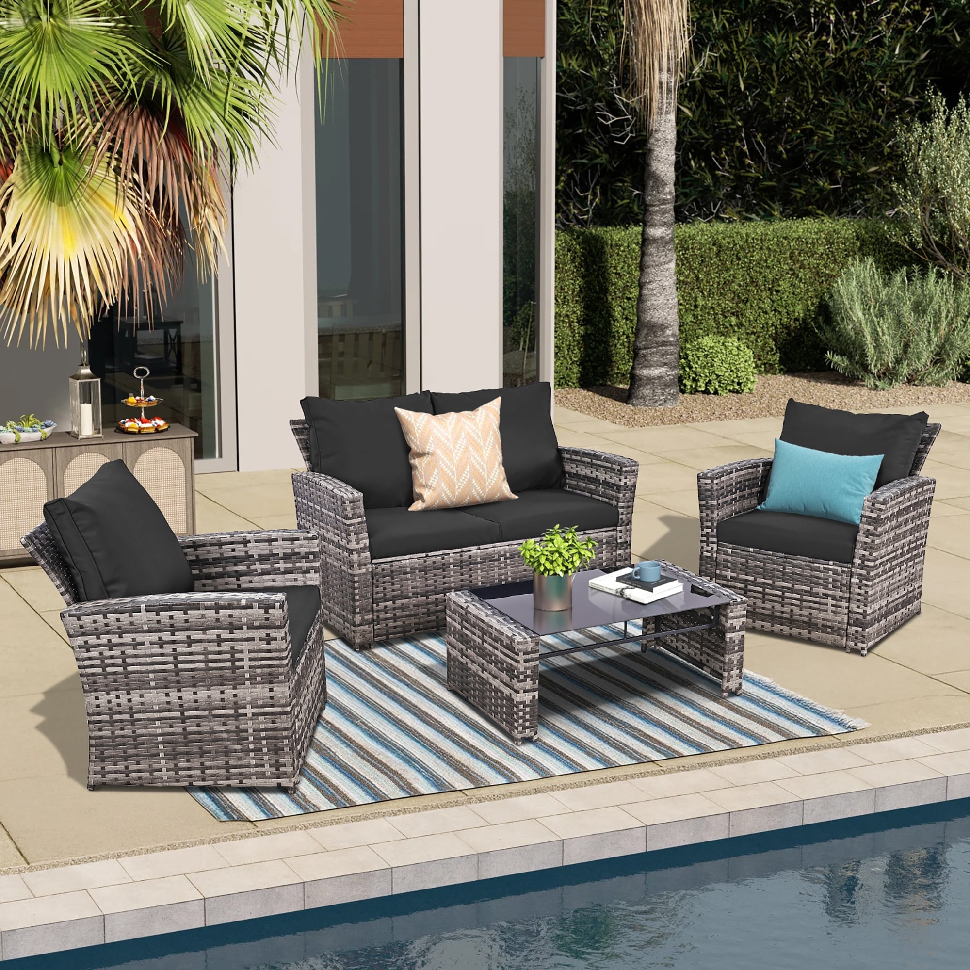 Thicker 4 Piece Wicker Outdoor Sofa Set 1 Loveseats 2 Single Sofas 1 Table