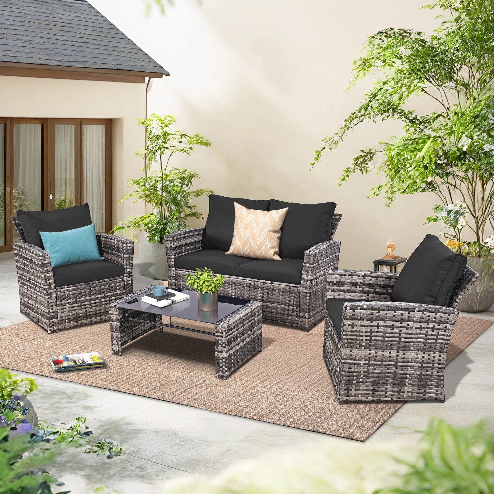 Thicker 4 Piece Wicker Outdoor Sofa Set 1 Loveseats 2 Single Sofas 1 Table