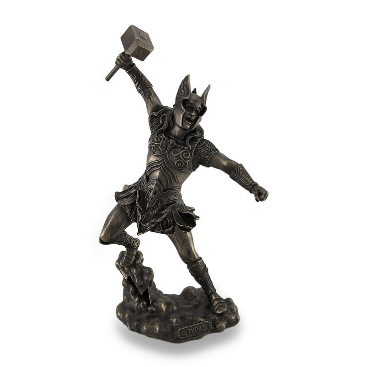 Thor Norse God Of Thunder Wielding Hammer Sculptured Bronzed Statue