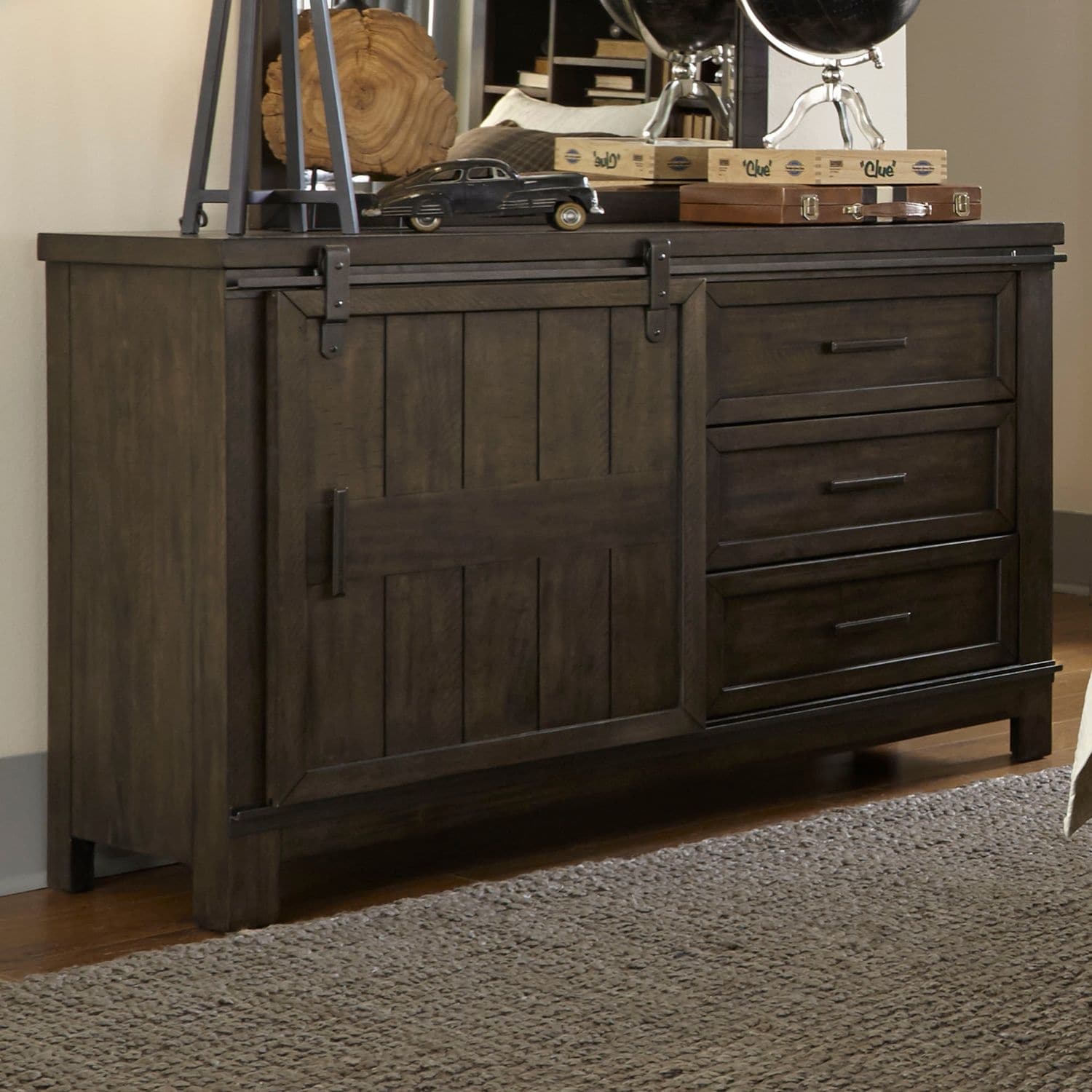 Thornwood Hills Youth Rock Beaten Grey Barn Door Dresser