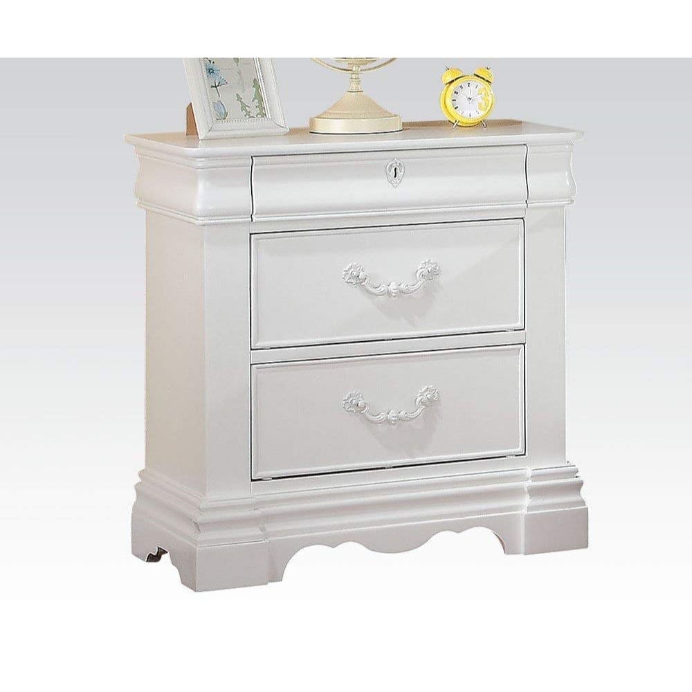 Three Drawer Nightstand With One Hidden Top Drawer And Scalloped Feet White