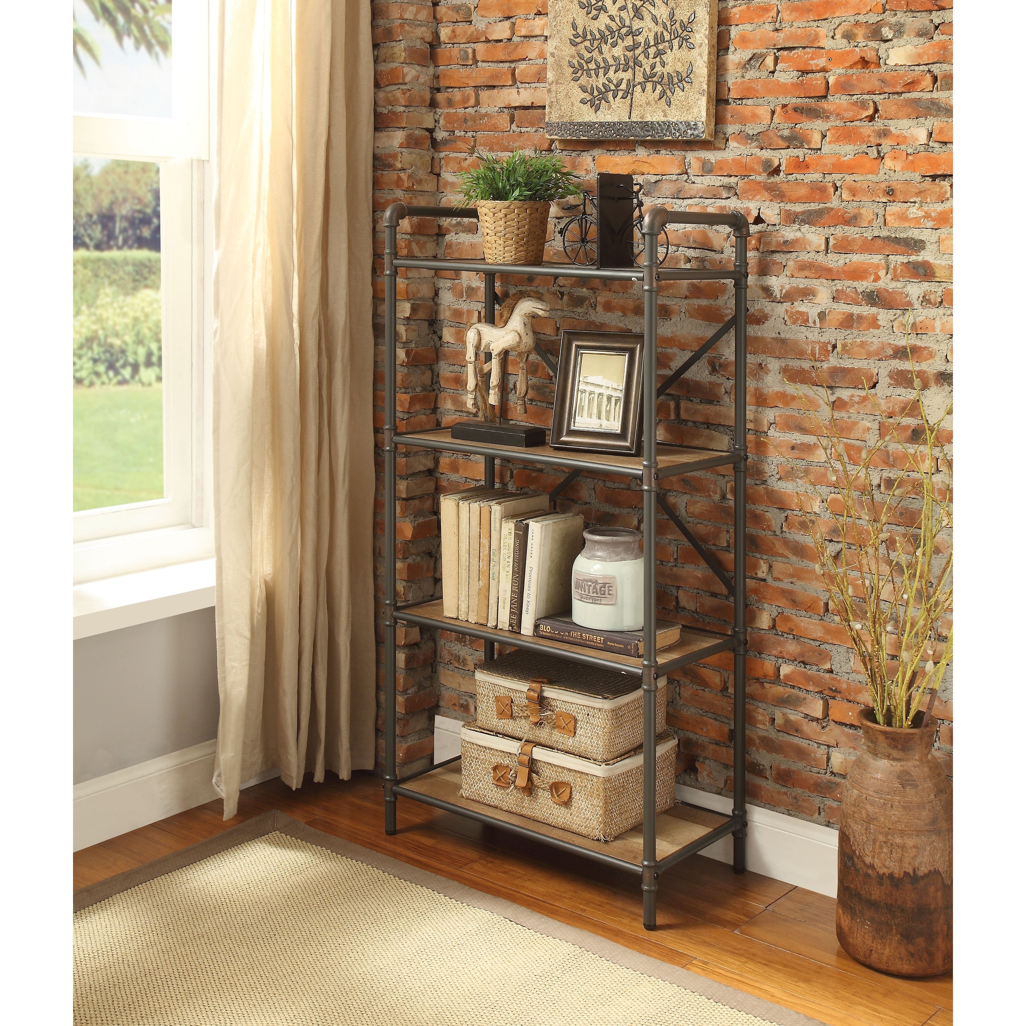 Three Tier Metal Bookshelf With Wooden Shelves Oak Brown Gray