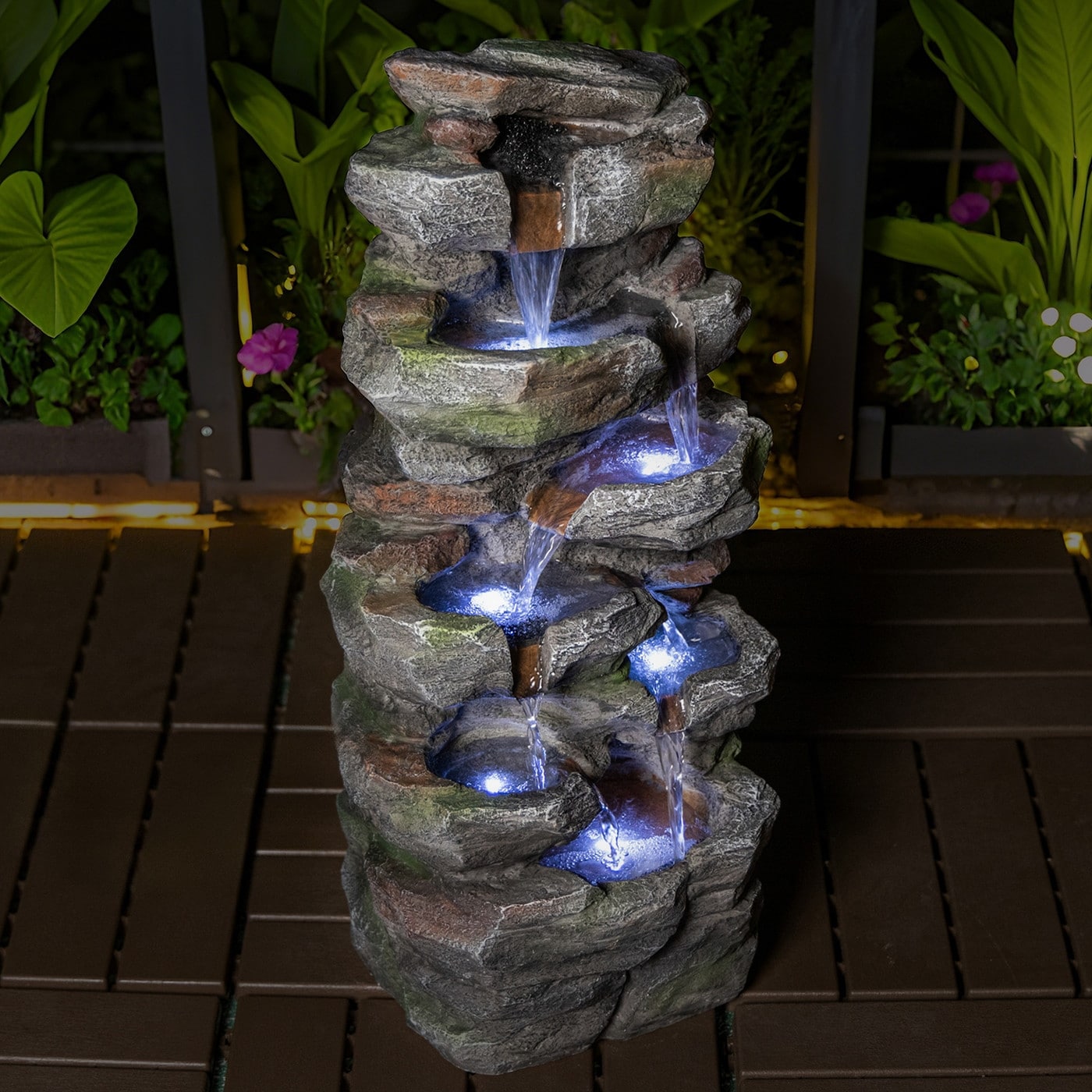 Tiered Stone Outdoor Water Fountain With Led Lights Rock Waterfall Garden Decor 10.6