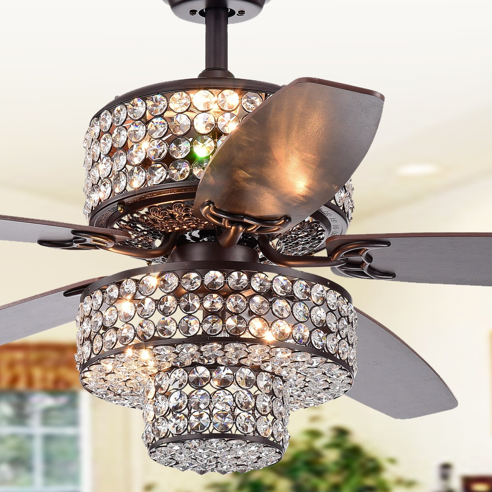 Tierna 5 Blade 52 Inch Rustic Bronze Lighted Ceiling Fans Two Tiered Crystal Shade Remote Controlled