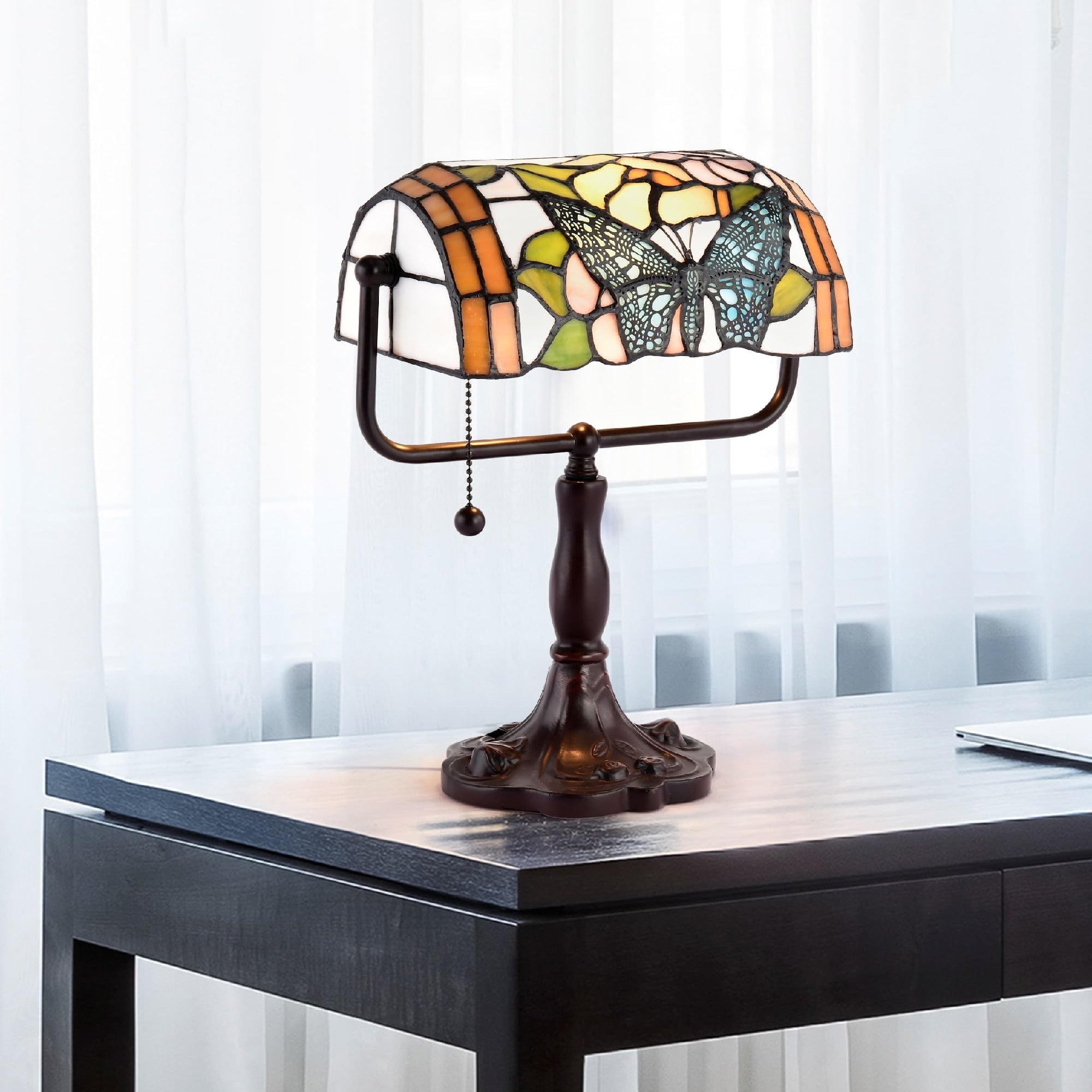 Warehouse Of Tiffany Bronze Finish Metal Glass Tiffany Style Banker Butterfly Desk Lamp