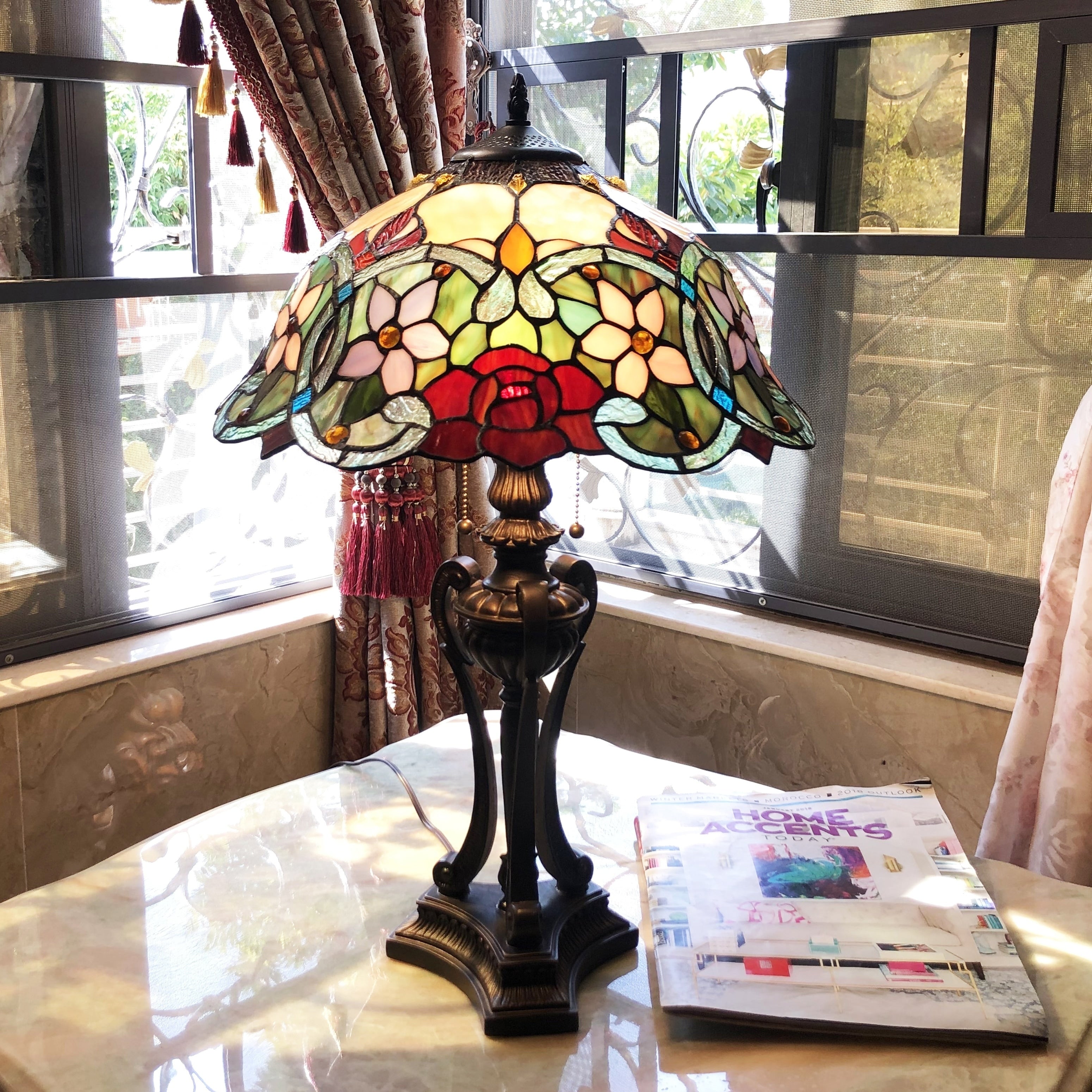 Gracewood Hollow Chang Floral Tiffany Style 2 Light Antique Bronze Table Lamp