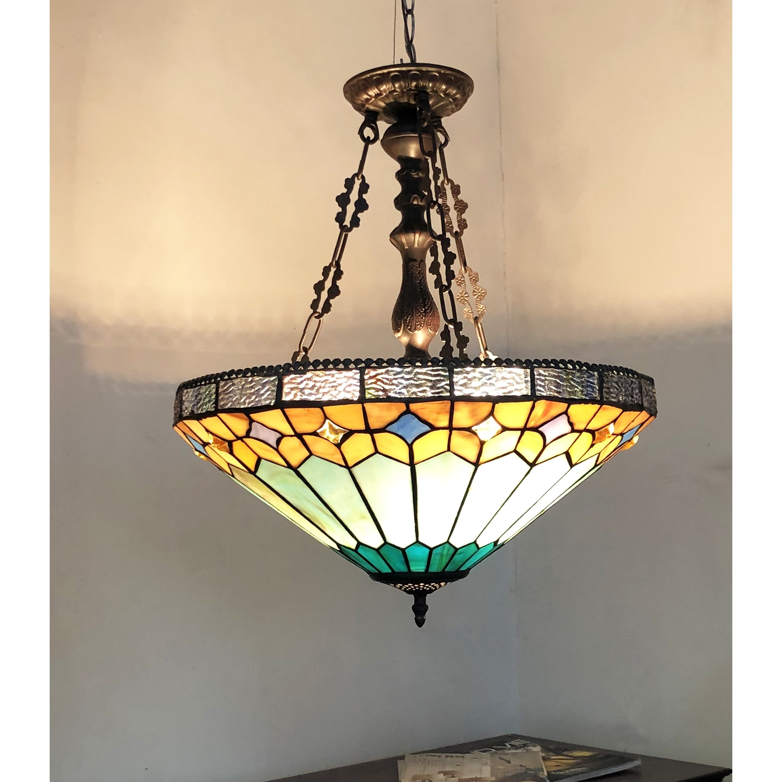 Gracewood Hollow Chennault Tiffany Style Geometric 2 Light Antique Bronze Pendant With 3 Hang Chains