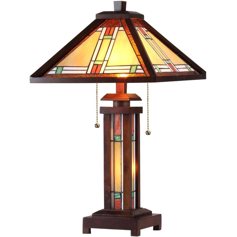 Tiffany Style Mission Double Lit 2 And 1 Light Bronze Table Lamp