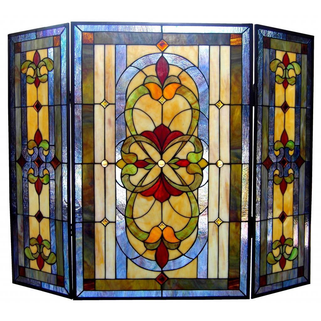 Tiffany Style Victorian Design 3 Panel Fireplace Screen