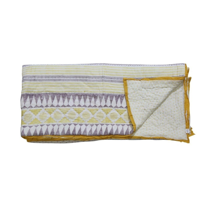 Timbergirl Cotton Hand Printed Mustard Quilt With 2 Shams