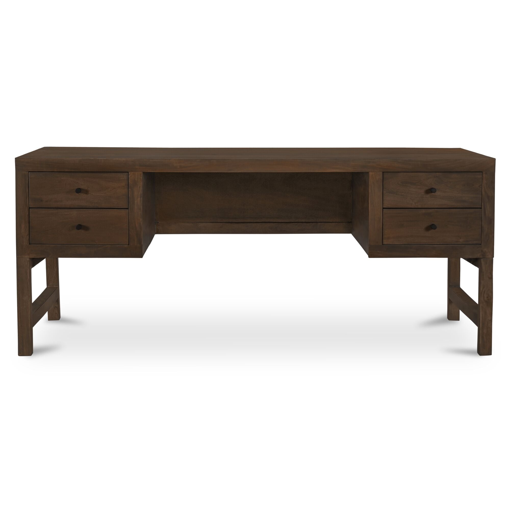 Tindall Desk Neem Wood Four Drawers Open And Closed Shelving Dark Brown