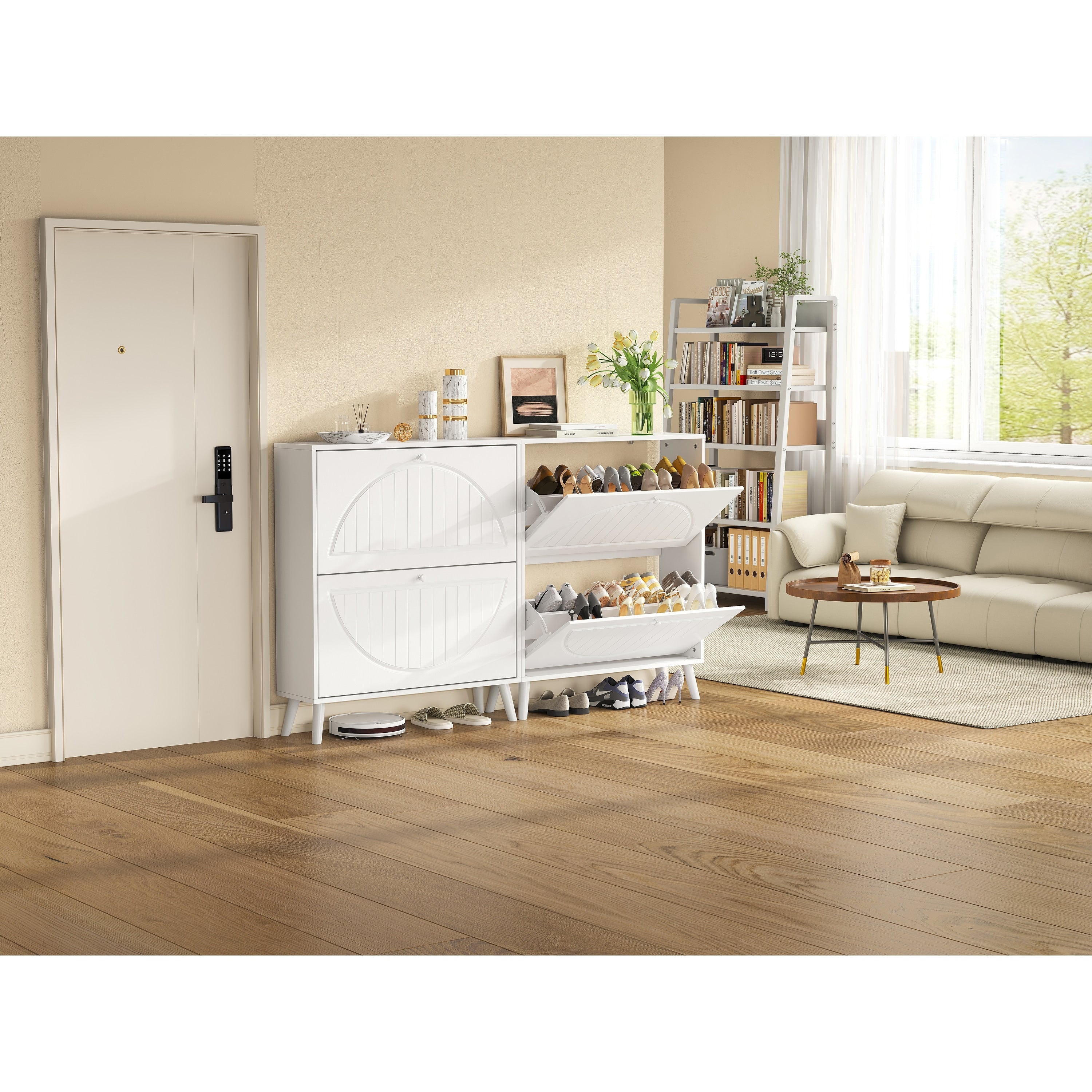 Tipping Bucket Shoe Cabinet Freestanding Slim Narrow Shoe Rack Shoe Storage Cabinet With Carved Doors Solid Wood Legs