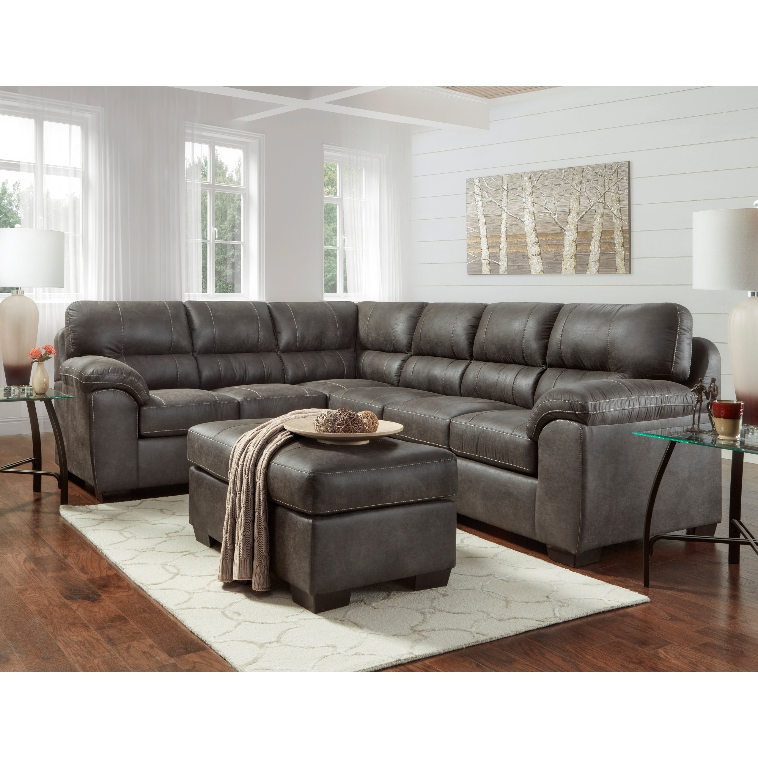 Tirana Contemporary Fabric Pillow Top Arm Sectional Sofa With Ottoman In Sequoia Ash