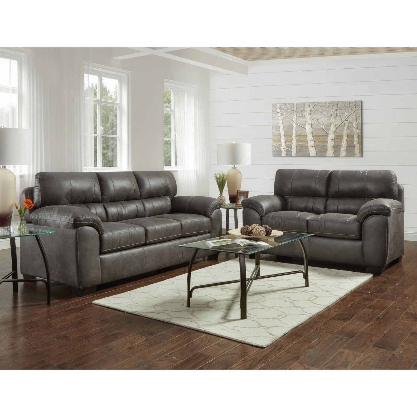 Tirana Contemporary Fabric Pillow Top Arm Sofa And Loveseat Set In Sequoia Ash