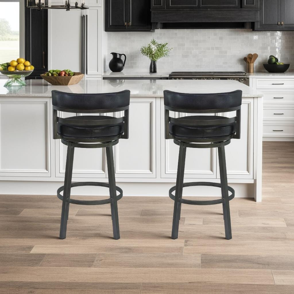 Madrid Swivel Barstool In Ford Black Faux Leather And Mineral Finish