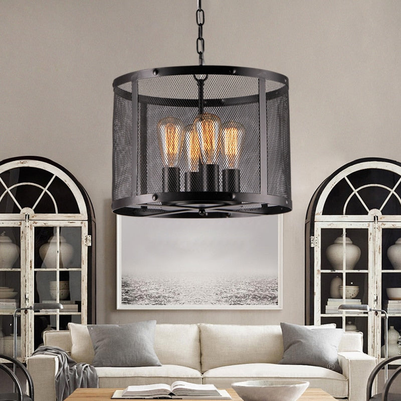 Tiyosa Black Round Mesh Shade Pendant With Edison Bulbs