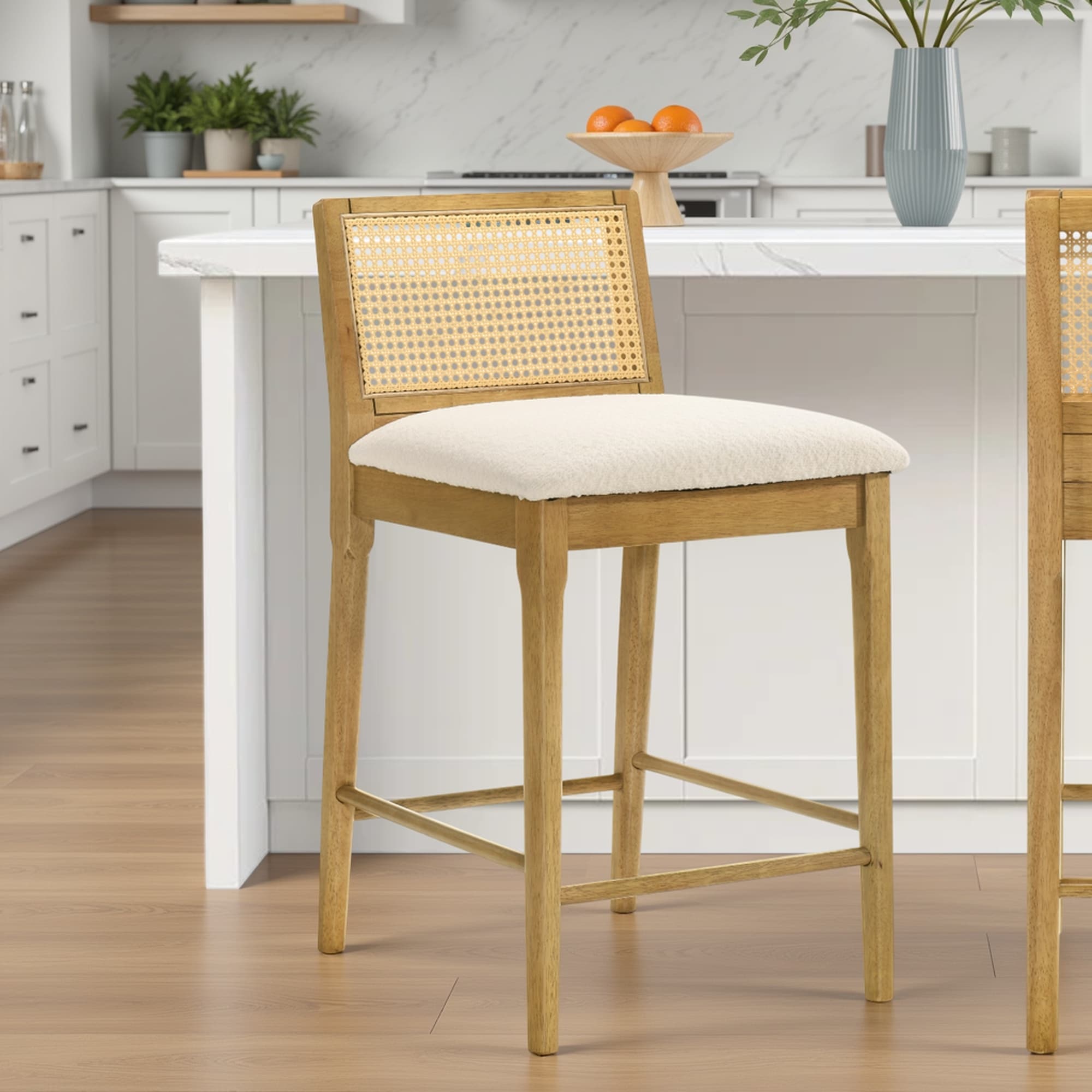 Tobias Rattan And Wood Bar Stool Counter Height Kitchen Stool With White Boucle Fabric Upholstered Seat