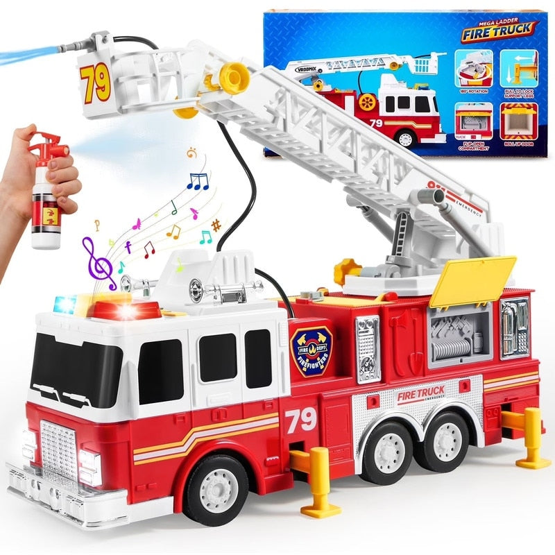 Toddler Fire Truck Toys With 33 Inch Ladder Lights Sprinkler Pump Red