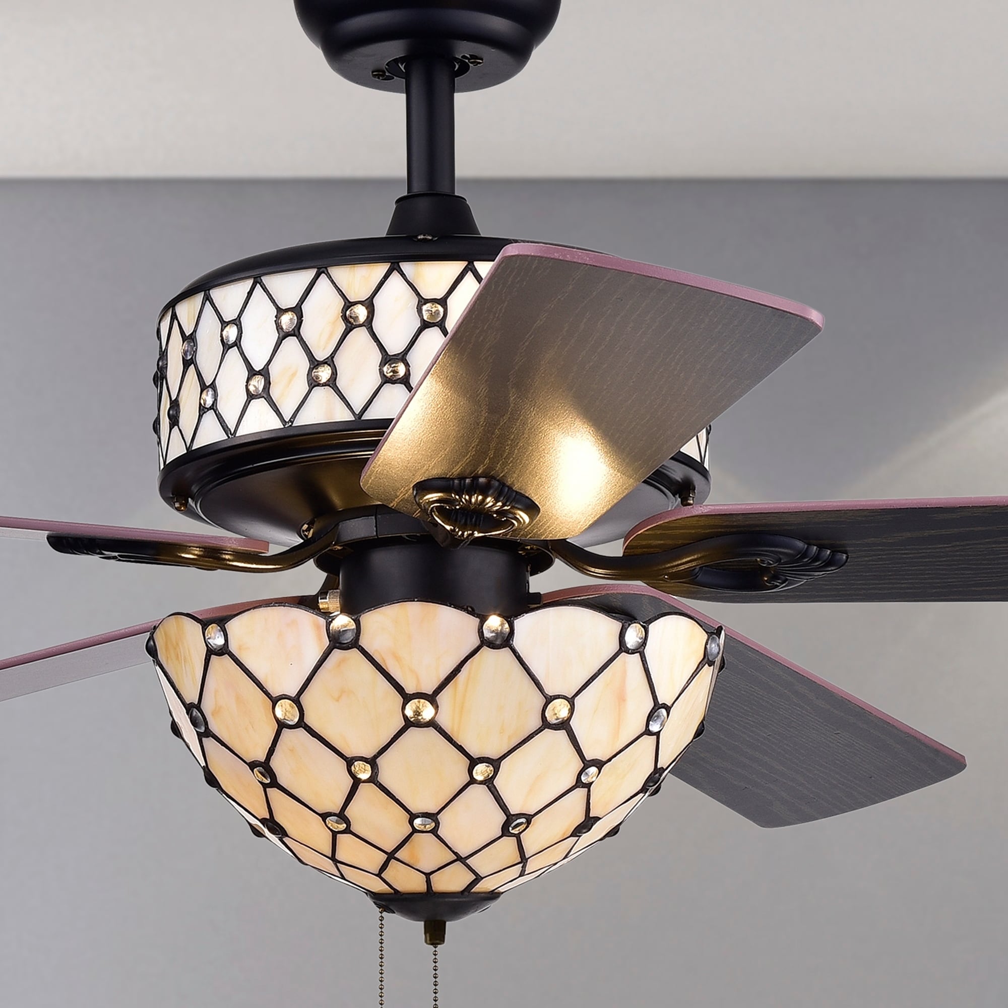 Tohva 6 Light Ivory Tiffany 5 Blade 52 Inch Matte Black Ceiling Fan