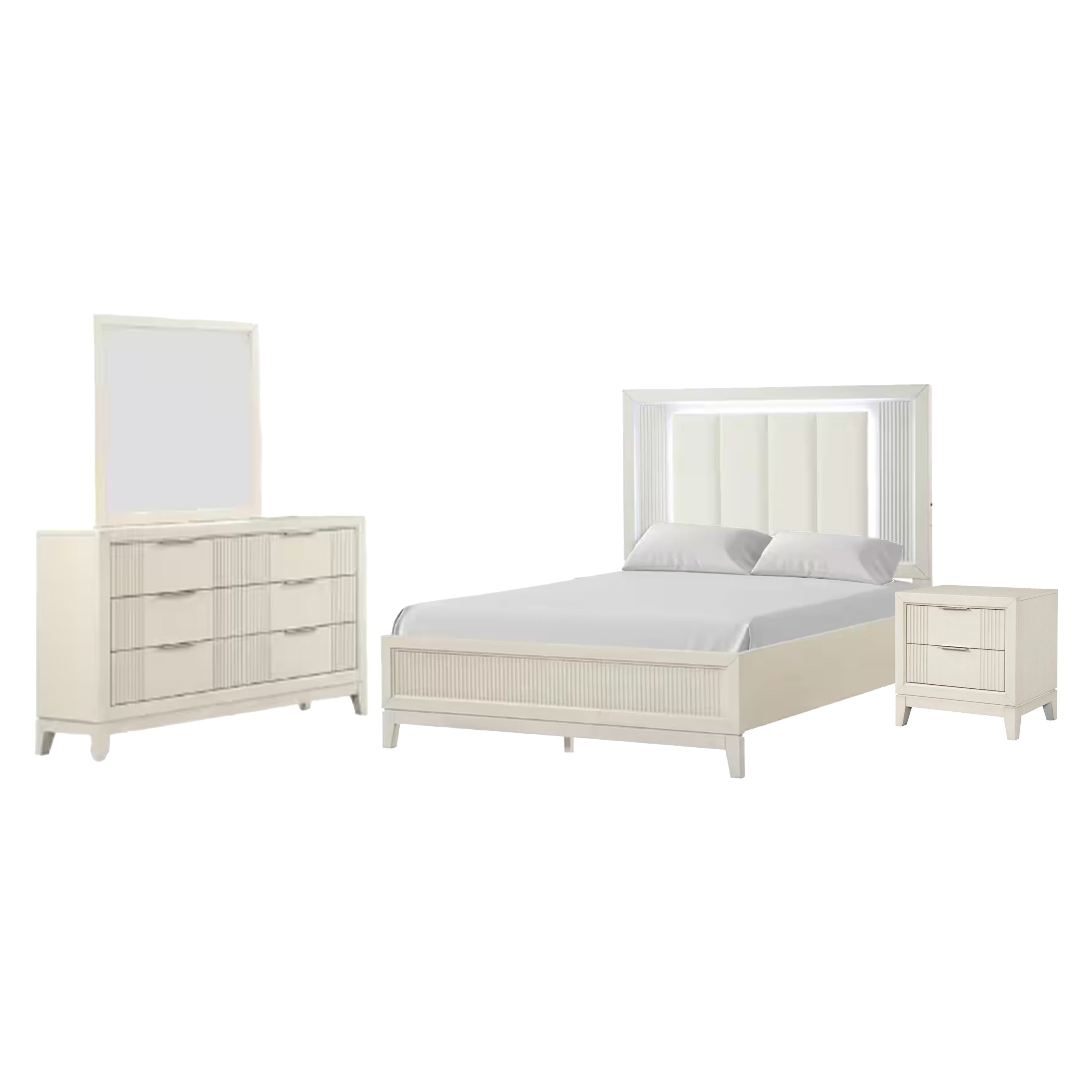 Toi 4Pc Queen Bedroom Set W Dresser Mirror Fluted Led White Upholstery