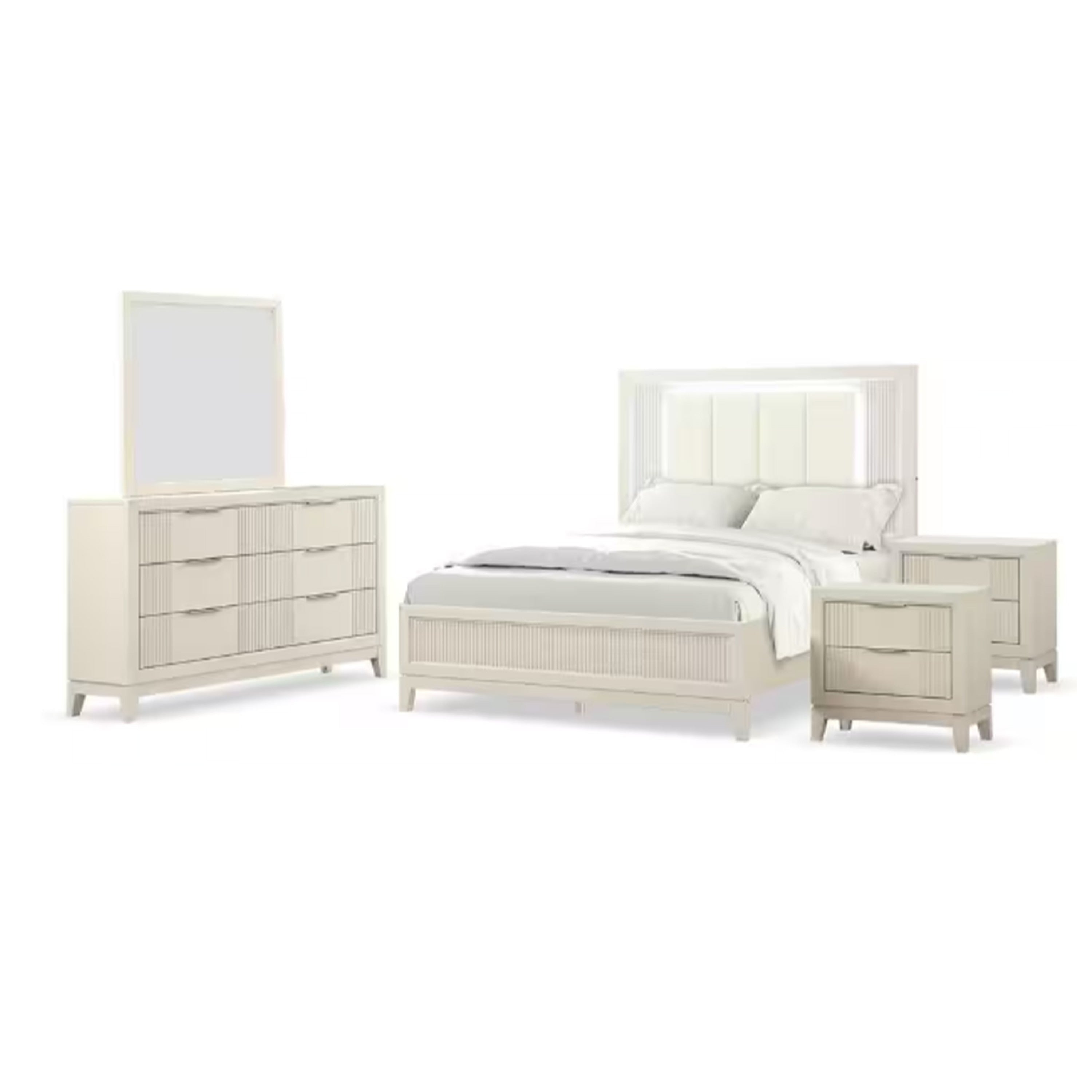 Toi 5Pc Queen Bedroom Set W 2 Nightstands Fluted Led White Upholstery