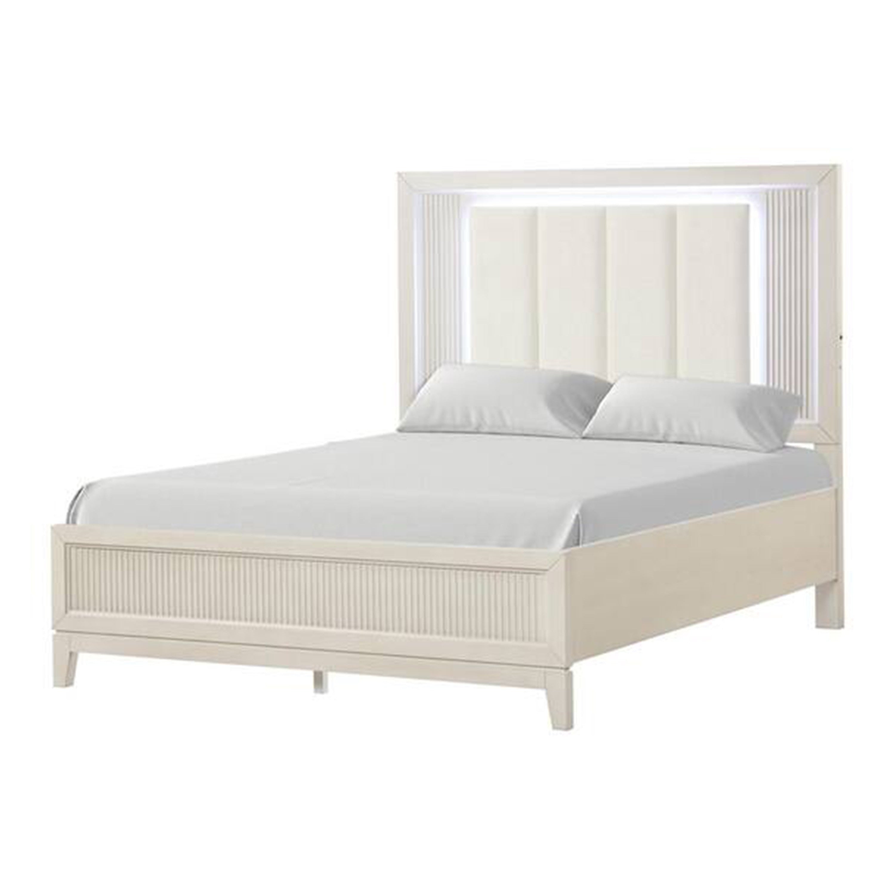 Toi Queen Bed Led Headboard W Tufted Upholstery Fluted Antique White