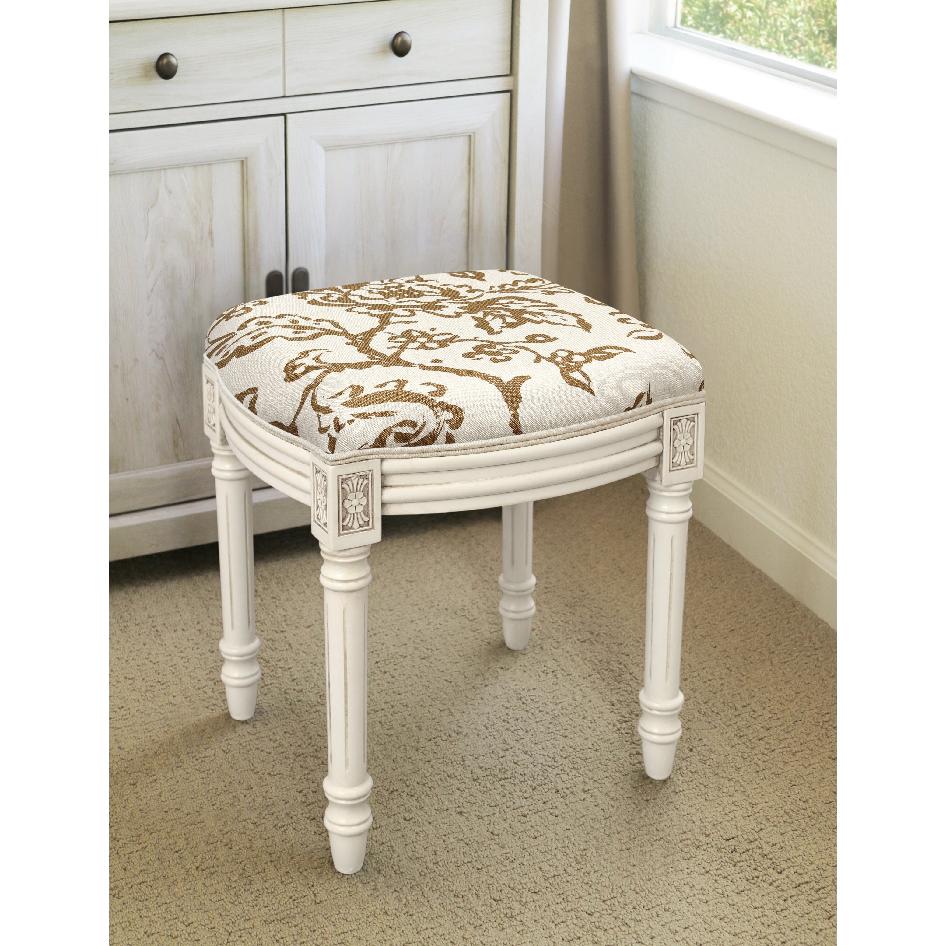 Toile White Wood Linen Vanity Stool
