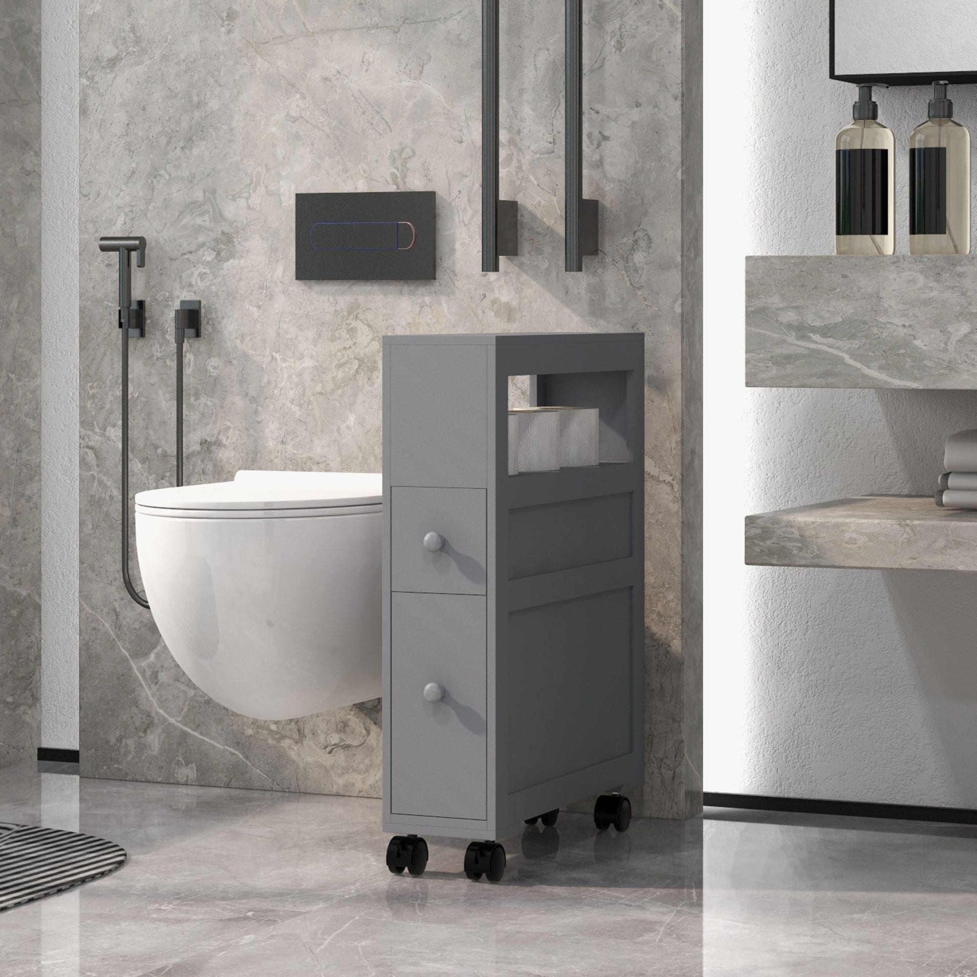 Toilet Paper Holder Side Storage Cabinet With Wheels Exquiste Bathroom Floor Cabinet With 2 Drawers
