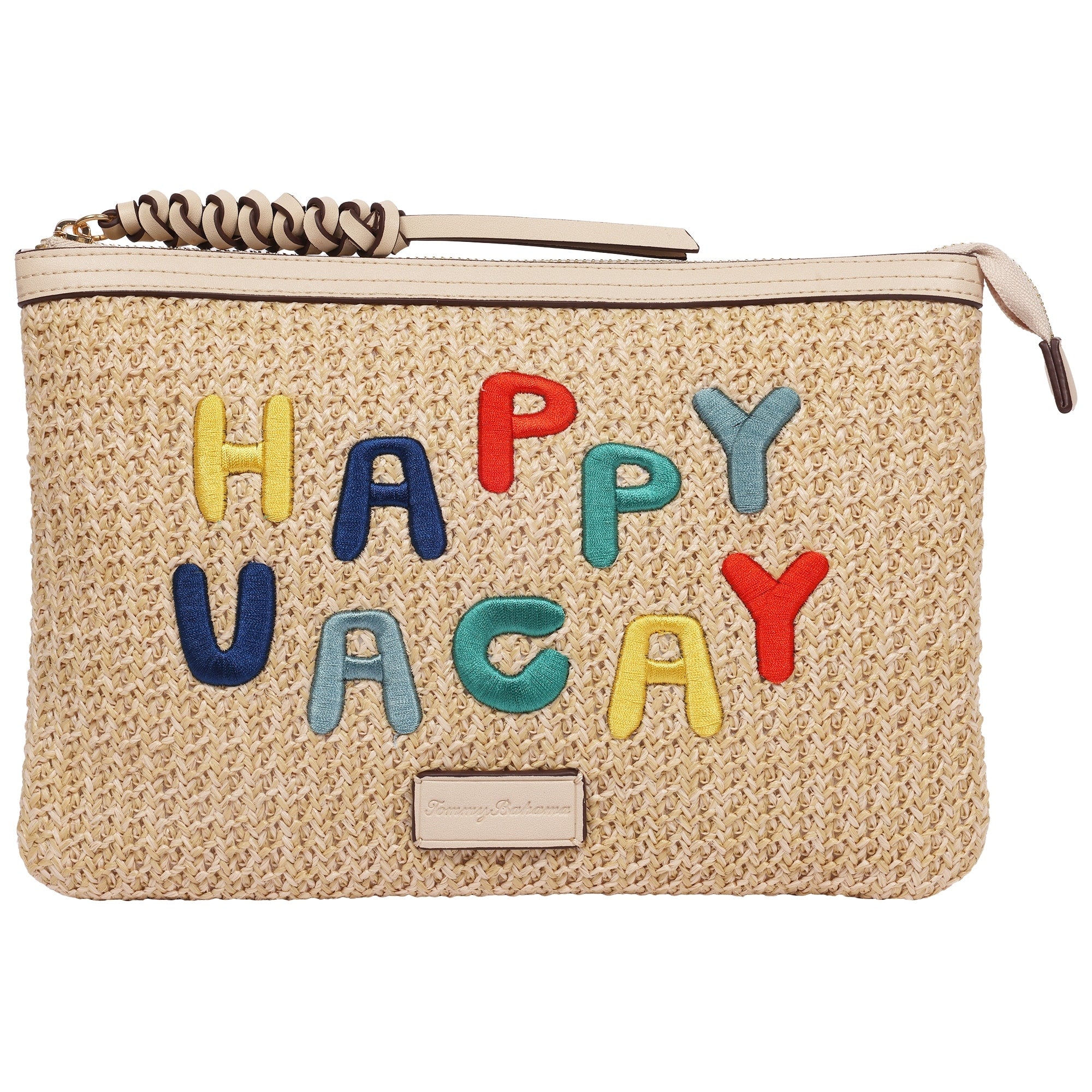 Tommy Bahama Happy Vacay Raffia Clutch Woven Straw Zip Pouch With Embroidered Lettering