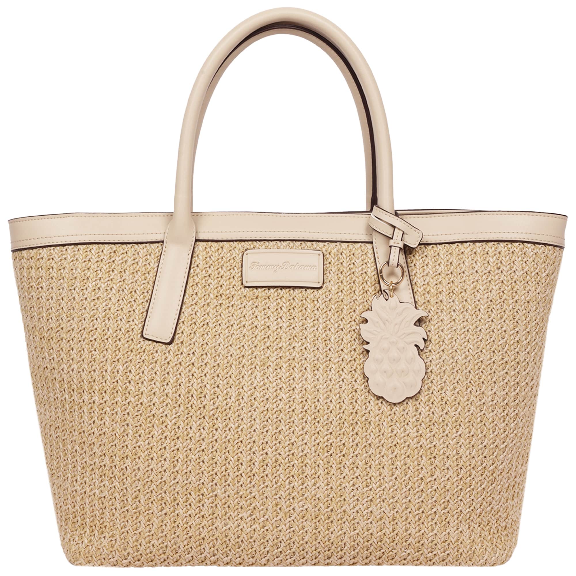 Tommy Bahama Raffia Pu Large Logo Tote Woven Straw Beach Tote With Pineapple Charm