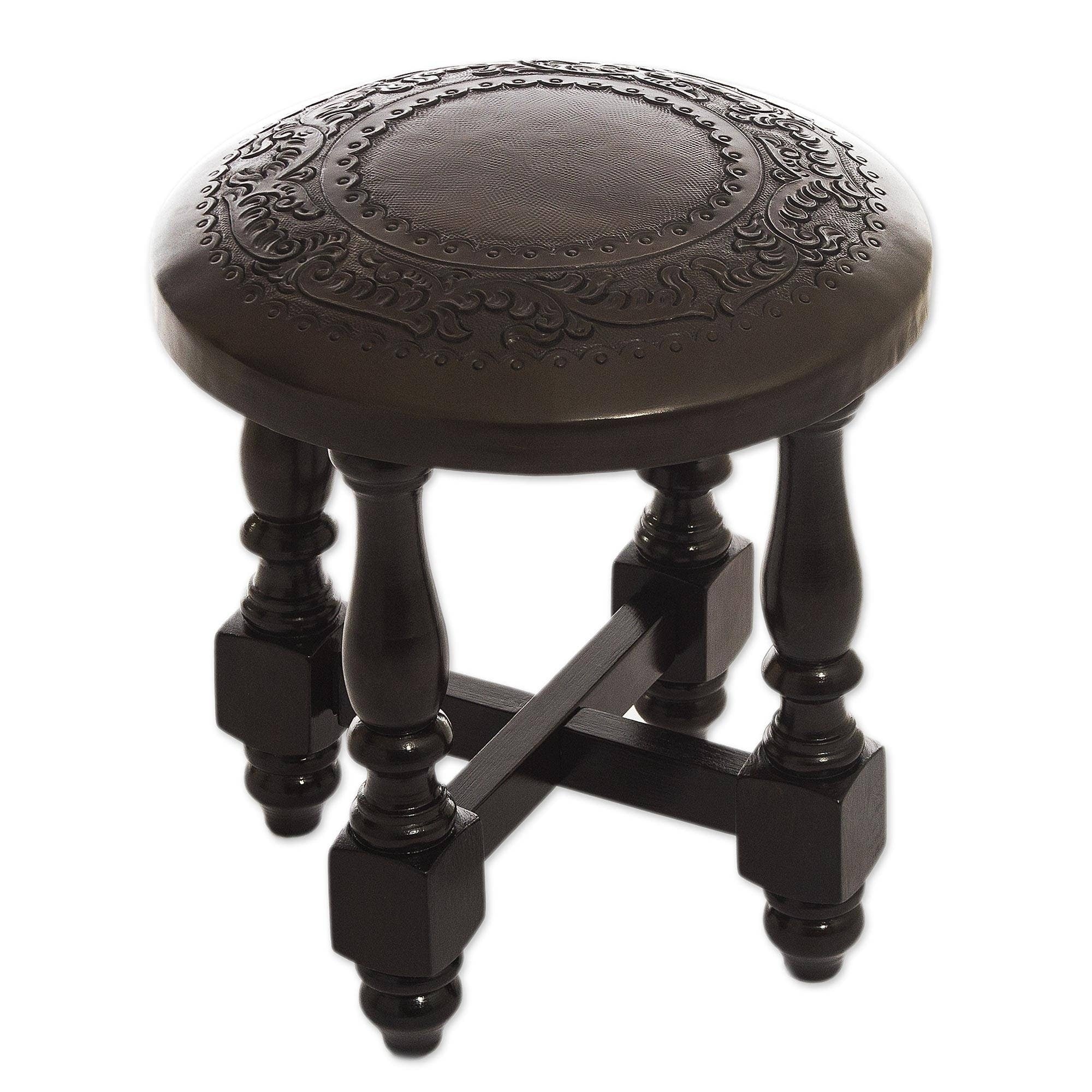 Colonial Guard Artisan Highly Polished Dark Brown Hand Tooled Leather And Cedar Wood Round Accent