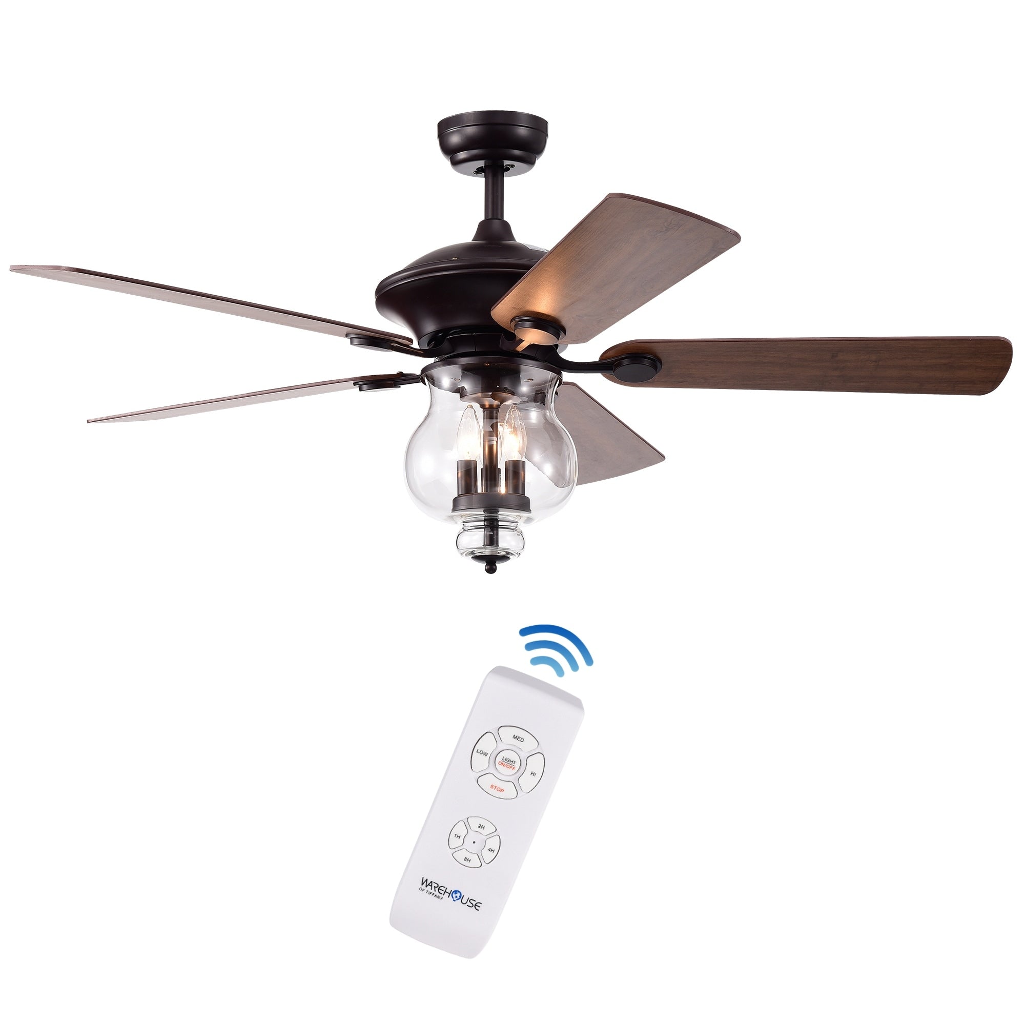 Topher 52 Inch 5 Blade Antique Bronze Lighted Ceiling Fans With Clear Glass Shade Remote Controlled