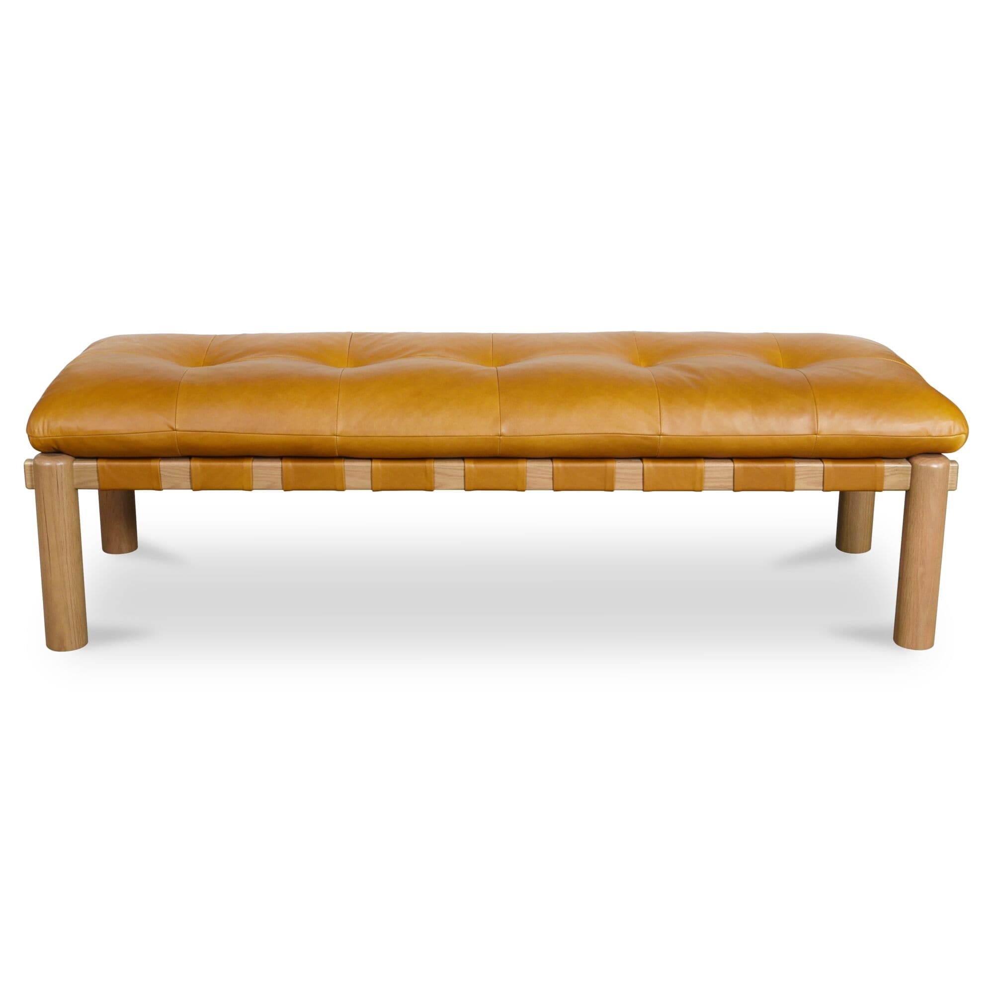 Torias Bench Rectangular Top Grain Leather Solid Oak Frame Tufted Seat Black