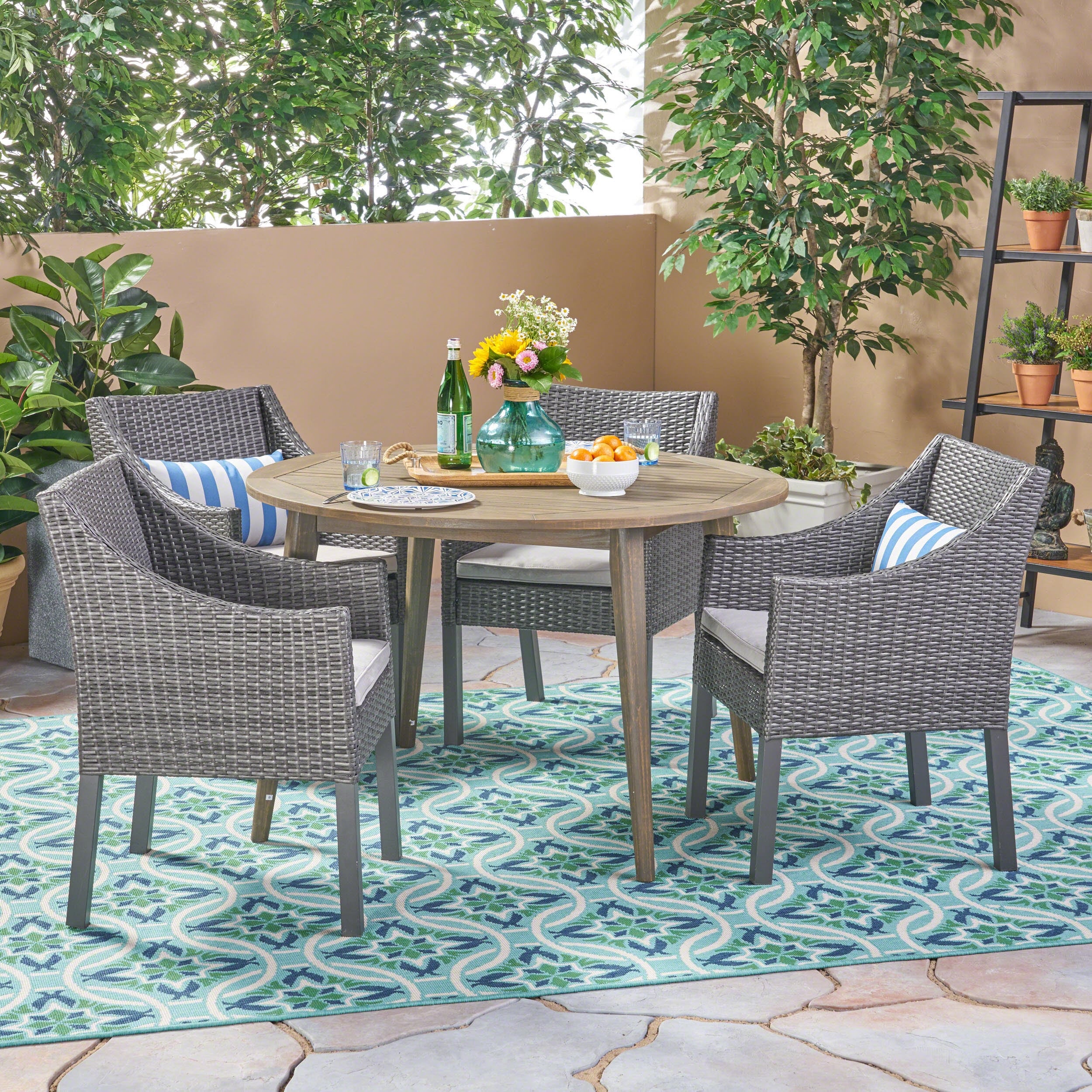 Torrence Outdoor 5 Piece Wood And Wicker Dining Set