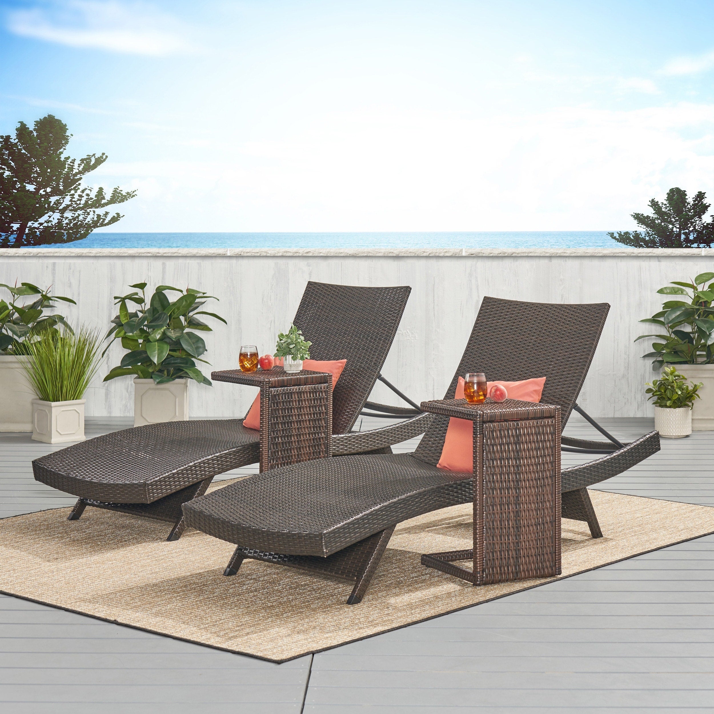 Toscana Outdoor Wicker Adjustable Chaise Lounge With C Shaped Wicker Table Set By Christopher Knight Home