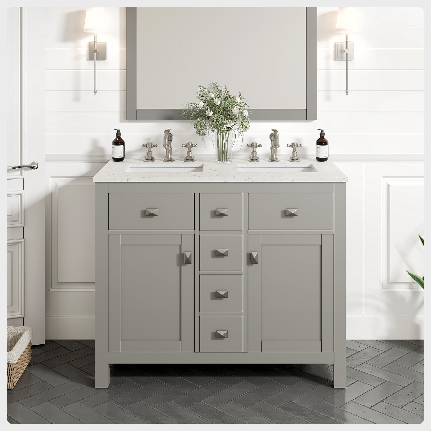 Totti Artemis 44 Gray Transitional Double Sink Bathroom Vanity W White Carrara Style Man Made Stone Top