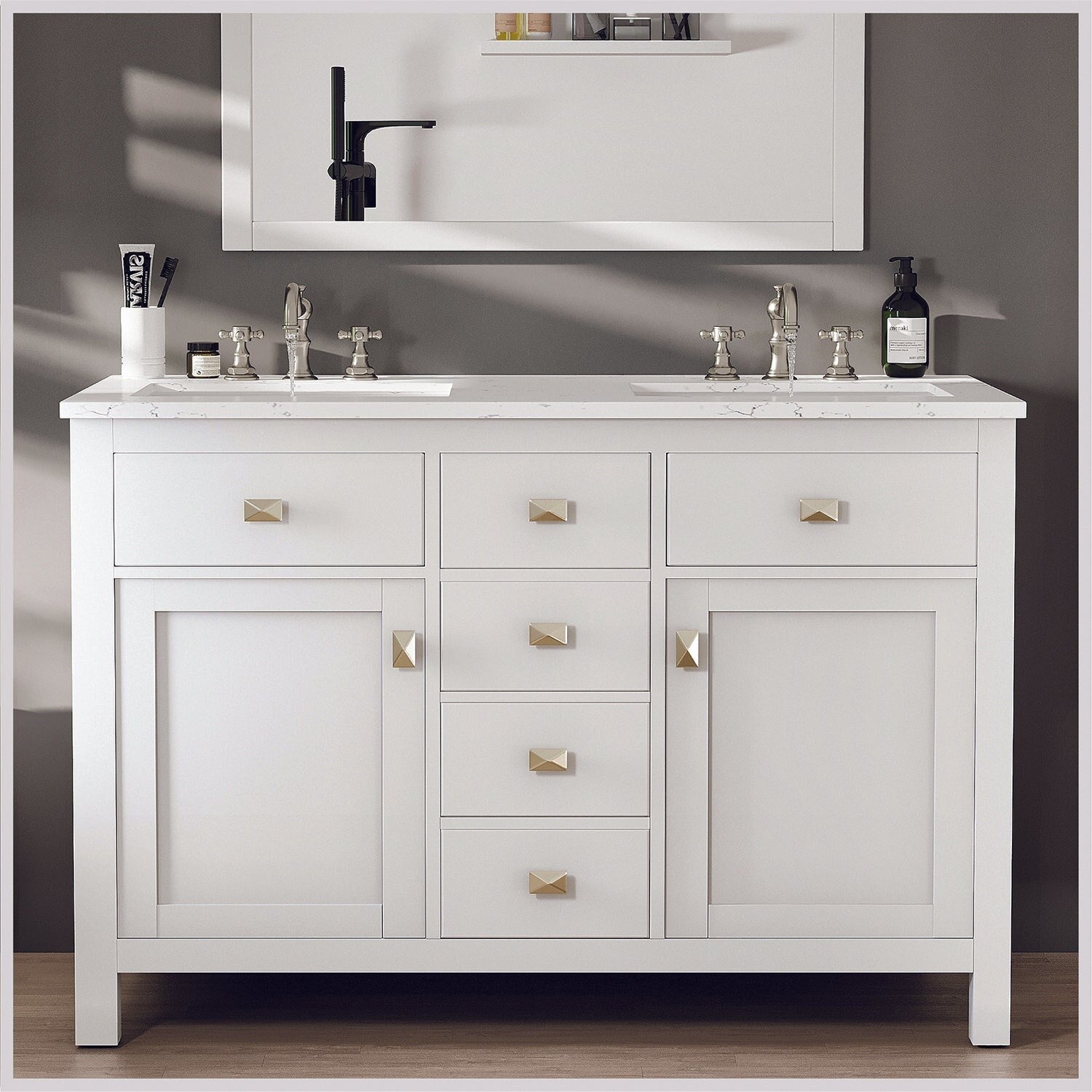 Totti Artemis 48 White Transitional Double Sink Bathroom Vanity W White Carrara Style Man Made Stone Top
