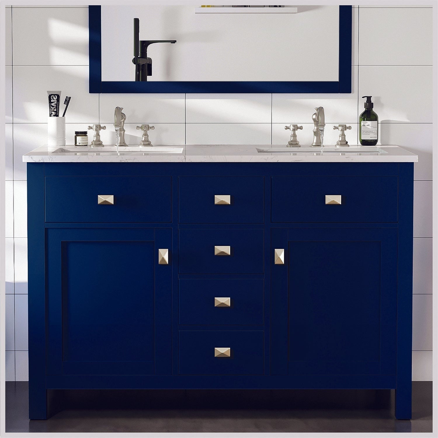 Totti Artemis 48 Blue Transitional Double Sink Bathroom Vanity W White Carrara Style Man Made Stone Top