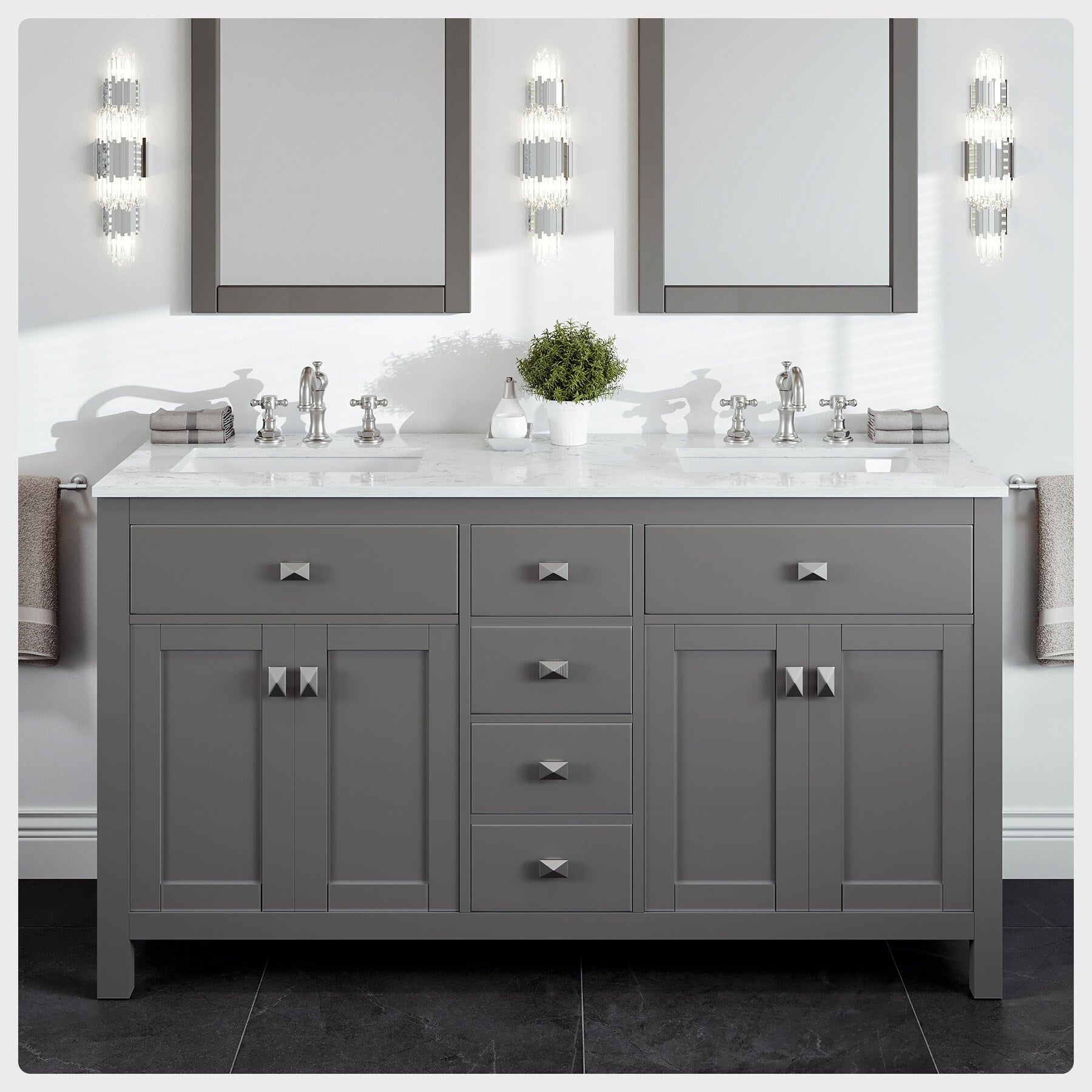 Totti Artemis 60 Gray Transitional Double Sink Bathroom Vanity W White Carrara Style Man Made Stone Top