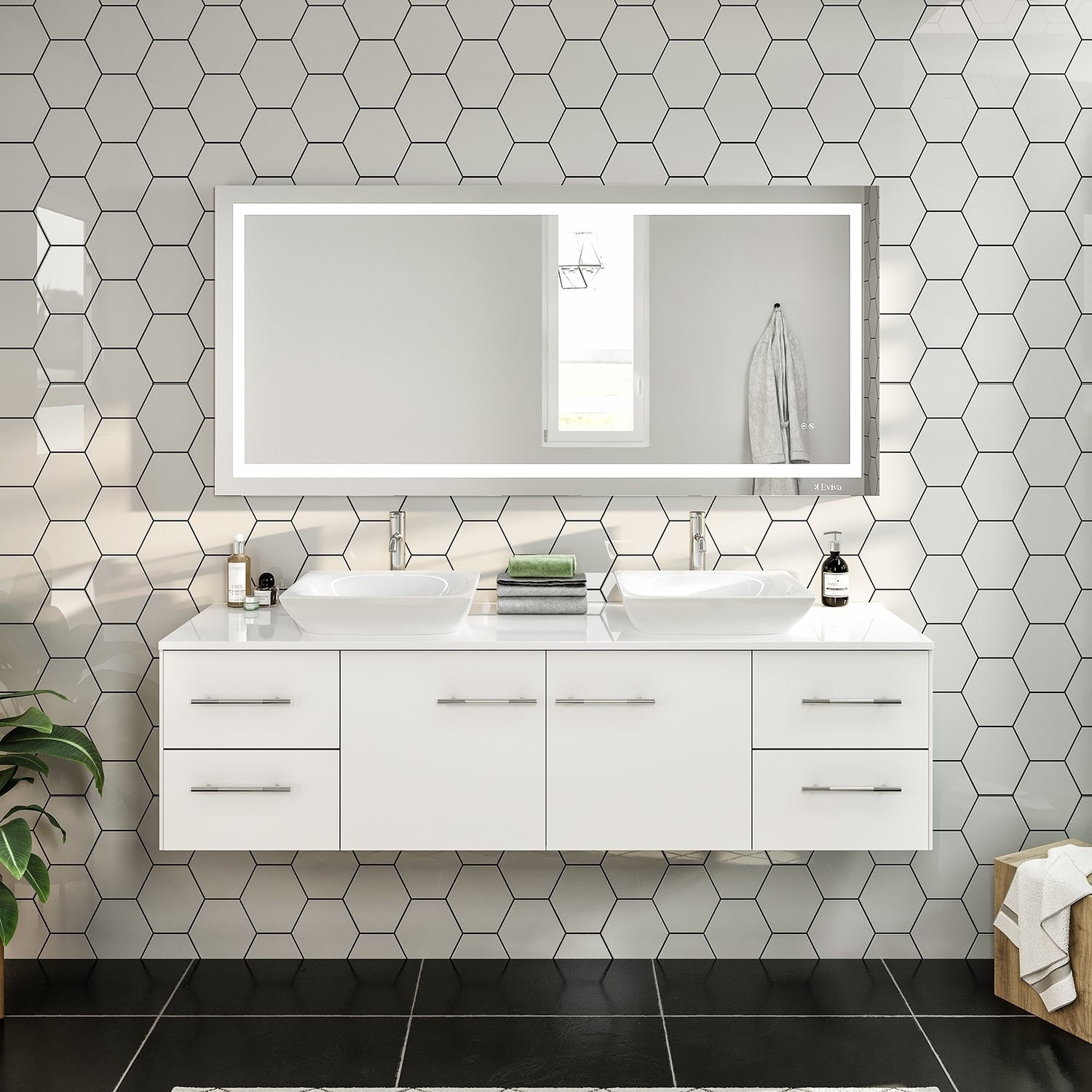Totti Wave 60 Inch White Modern Bathroom Vanity With Counter Top And Double Sinks