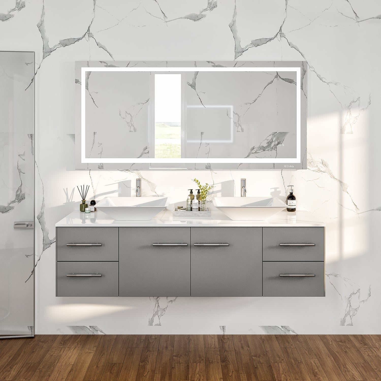 Totti Wave 60 Inch Grey Modern Double Sink Bathroom Vanity With Counter Top And Double Sinks