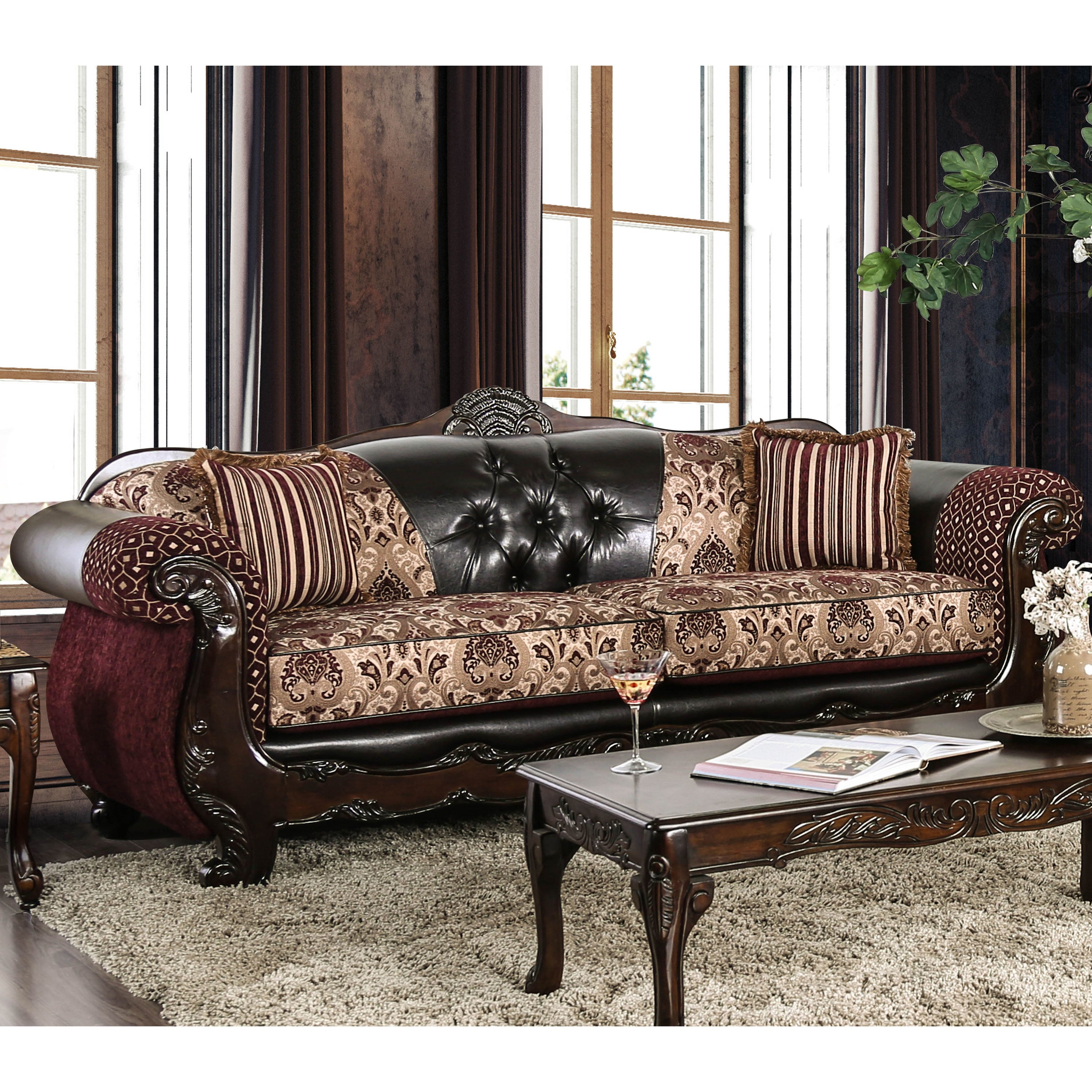 Furniture Of America Townsend Traditional Tufted Chenille And Leather Sofa