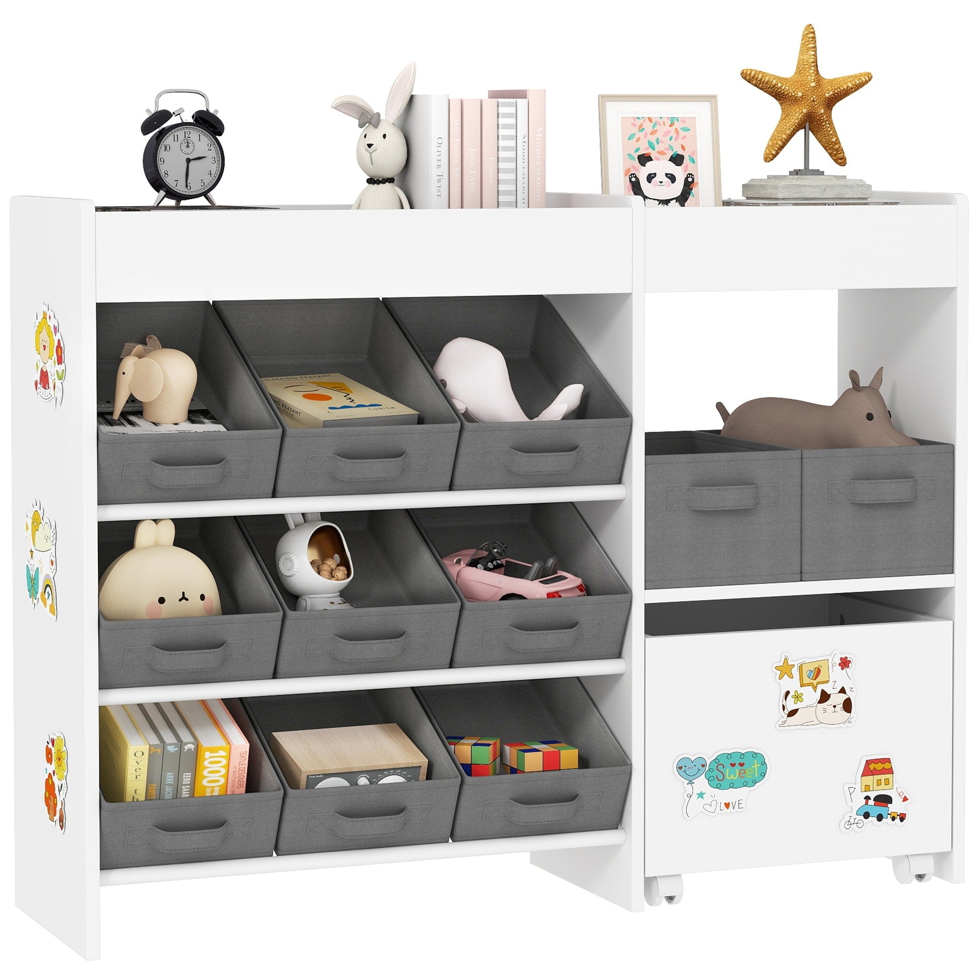Toy Storage Organizer With 6 Shelves And 11 Fabric Bins Moveable Cabinet And 3 Stickers Toy Organizer For Nursery Playroom