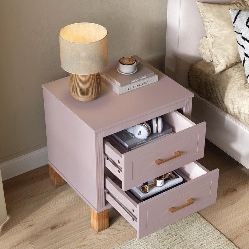 Traditional 2 Drawer Nightstand With Solid Wood Legs For Bedroom Living Room