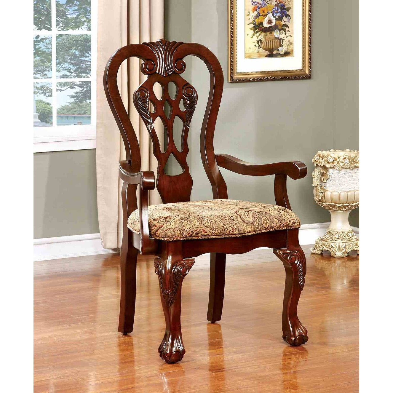 Traditional Arm Chairs Set Brown Cherry Finish