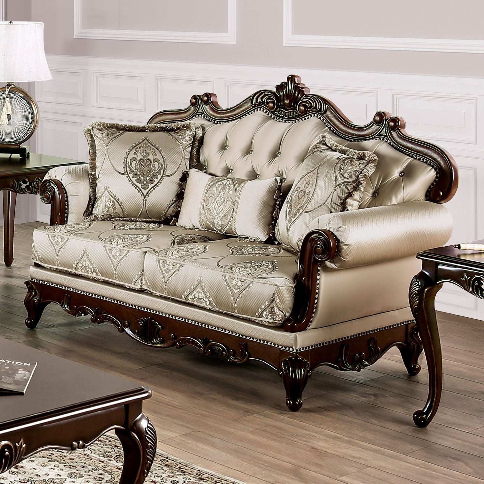 Traditional Beige Finish Solid Wood Rolled Arms 1Pc Loveseat